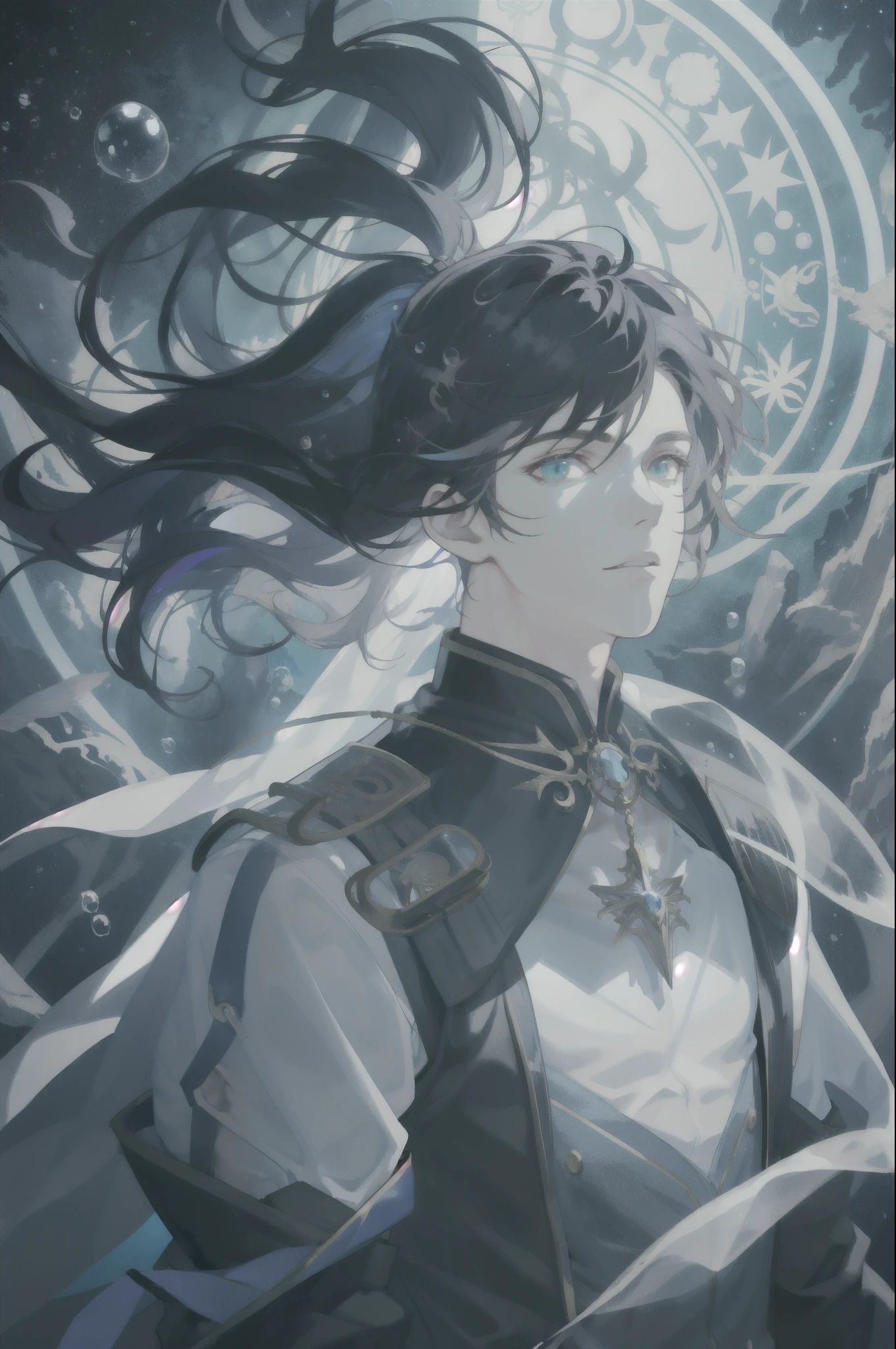 masterpiece, best quality, 1 male, adult, mature, tall muscular guy, Dark theme, Magic circle, bubble, rainbow Sunlight, Underwater, Reflected mirror, floating piece of Glass, Rainbow light, Bubble Swirling, wind Swirling, Aurora, fantasy scenery, Starlight around the character, (upper body)