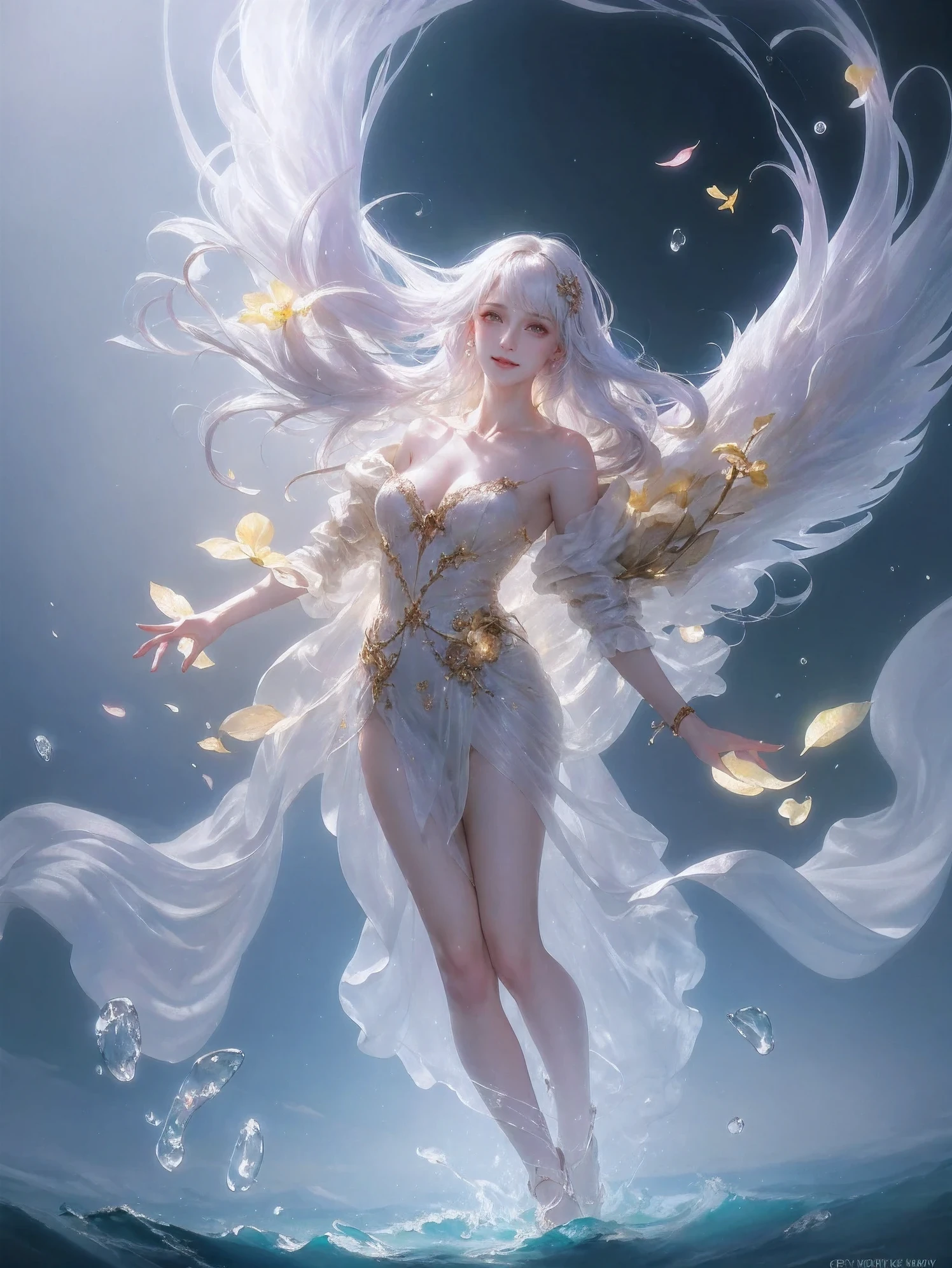 bright colors,mysterious atmosphere,dark background,glowing eyes,charming expression,flowing hair,ethereal beauty,floating ghostly figure,Charming aura,dynamic poses,BREAK There are many scattered glowing petals,Hidden among the pale yellow flowers,depth of field,Many flying water droplets,many scattered leaves,branch ,angle ,Contour deepens,cinematic angle,