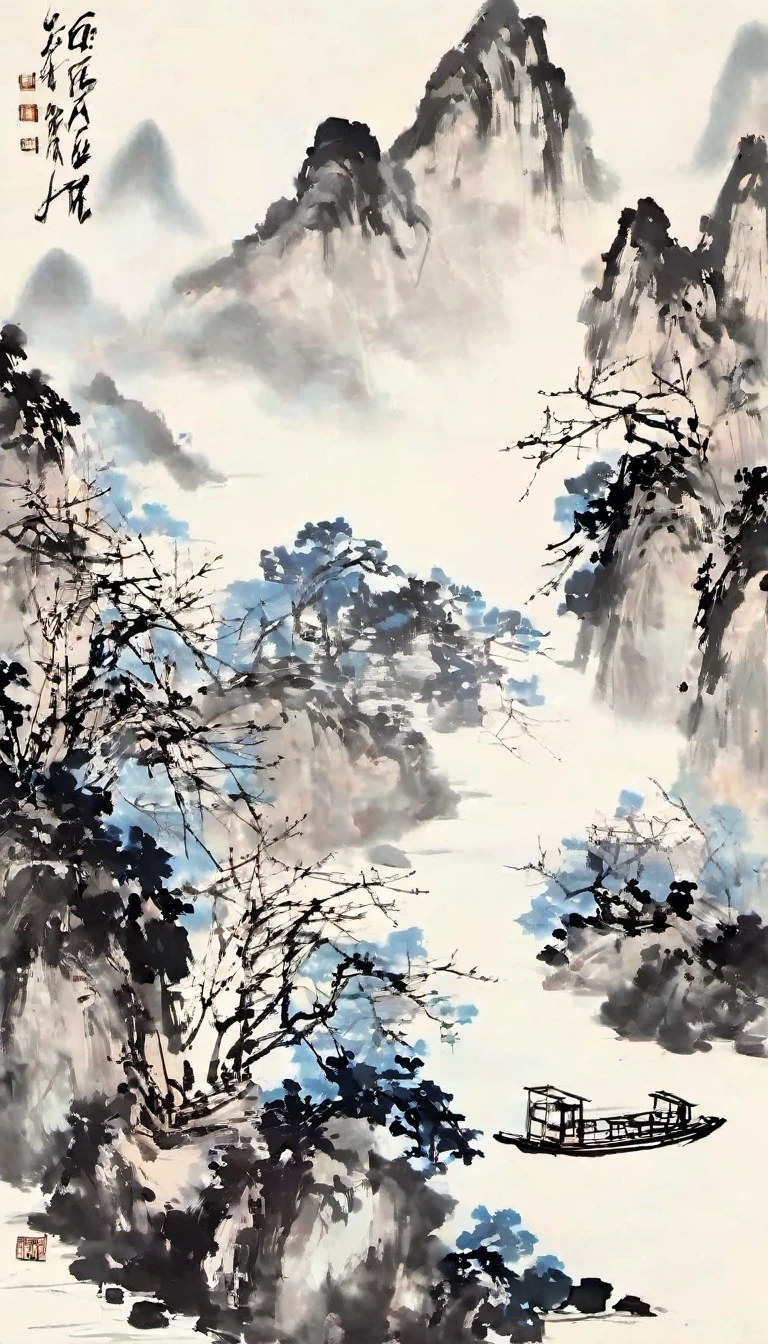 (Abstract主义painting:1.5)，author:Wu Guanzhong，Lijiang River mist and rain，Wire，sketch，painting，ink，gongbi，painting，simple，Abstract，sketch，mountain village，modernism