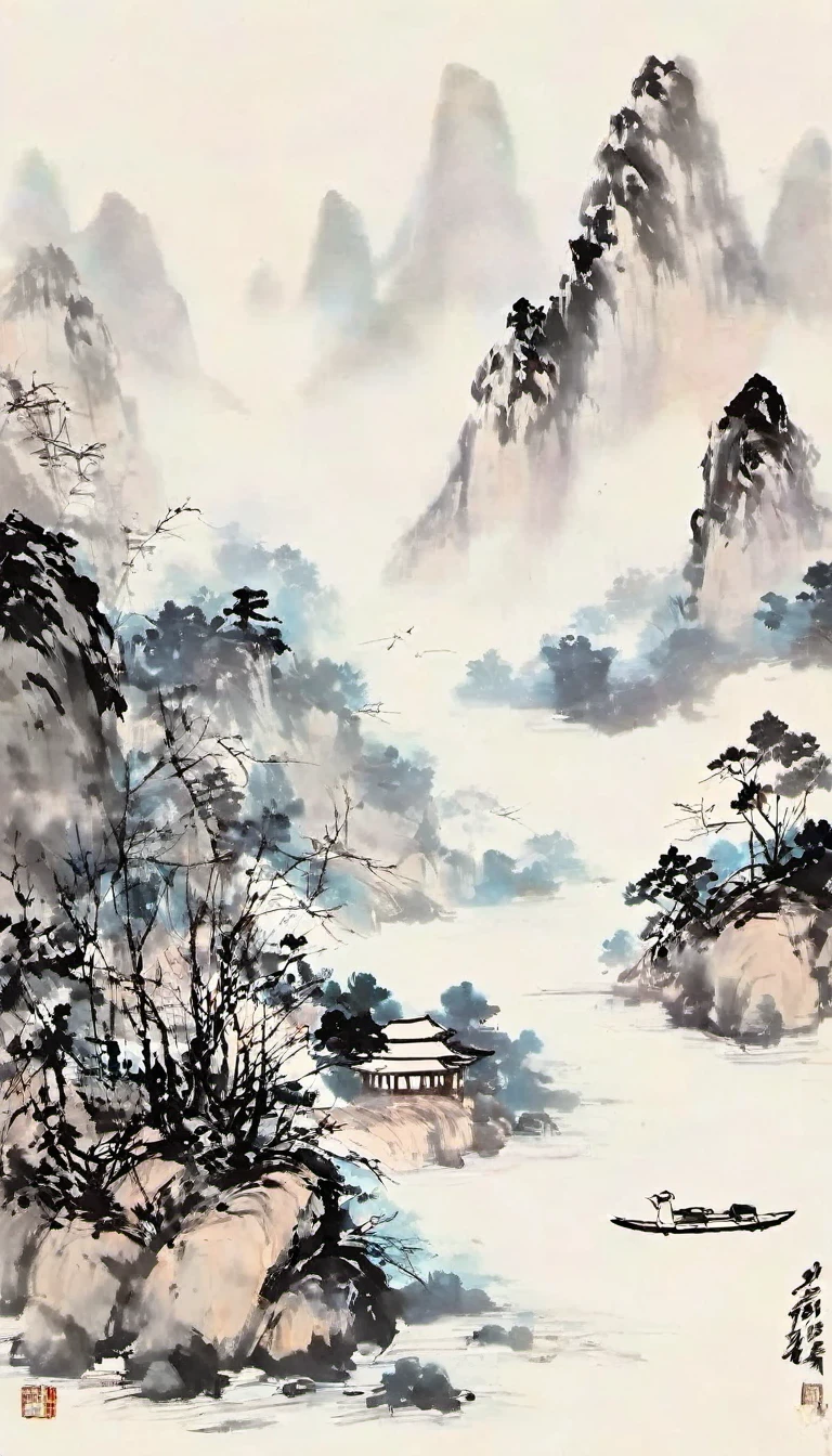 (Abstract主义painting:1.5)，author:Wu Guanzhong，Lijiang River mist and rain，Wire，sketch，painting，ink，gongbi，painting，simple，Abstract，sketch，mountain village，modernism