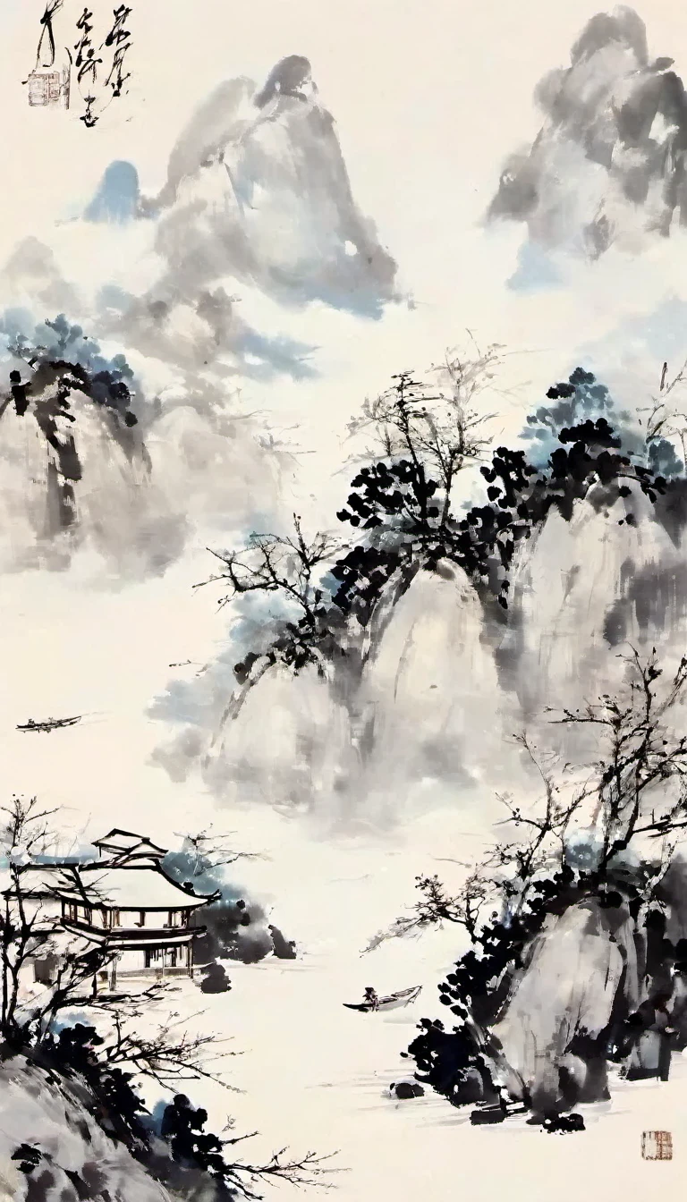 (Abstract主义painting:1.5),author:Wu Guanzhong,Lijiang River mist and rain,Wire,sketch,painting,ink,gongbi,painting,simple,Abstract,sketch,mountain village,modernism