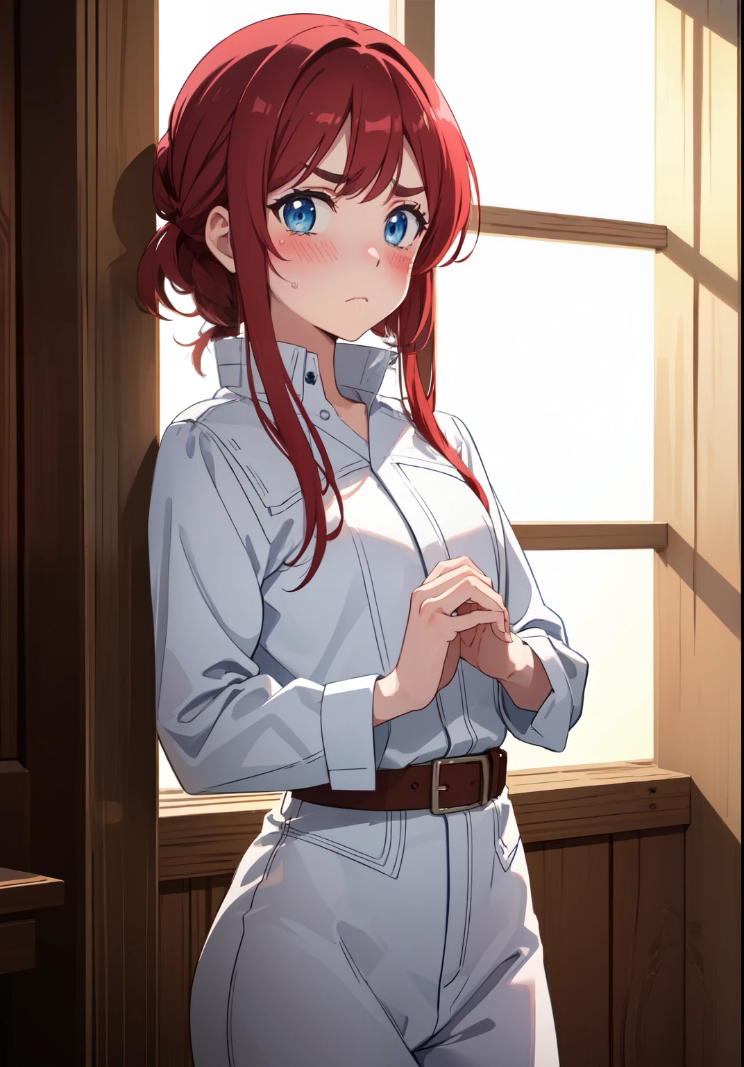  ((Blue eyes)),((completely dressed )), Red hair, High collar, split,
break indoors,((blush:1.2)),((sad eyebrows)),break looking at viewer, (cowboy shot:1.5),break (Masterpiece:1.2), Best quality, A high resolution, unity 8k wallpaper, (Illustration:0.8),very detailed face , (perfect hands, Ideal Anatomy)