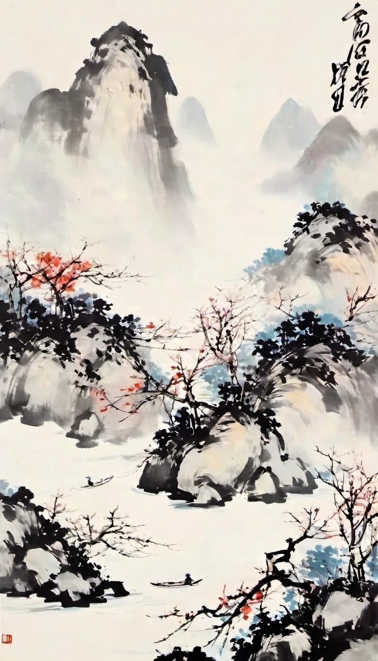 (Abstract主义painting:1.5),author:Wu Guanzhong,Lijiang River mist and rain,Wire,sketch,painting,ink,gongbi,painting,simple,Abstract,sketch,mountain village,modernism