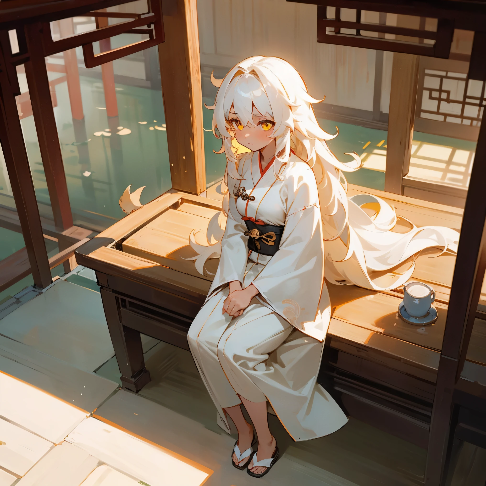 1female, tan skin, medium breast, cute, finely detailed yellow eyes, long messy wavy hair, ombré seashell white hair color, open chinese robe, sitting in shrine garden, shy expression 