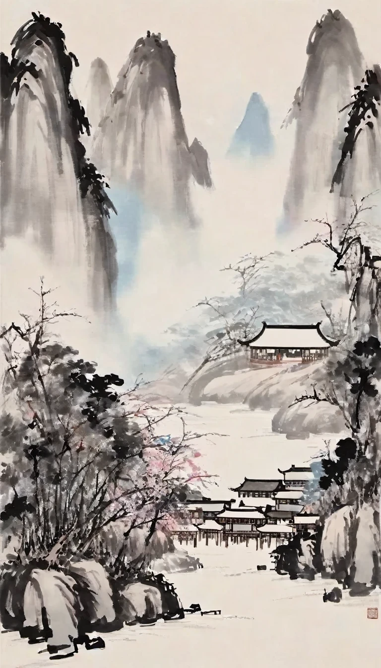 (Abstract主义painting:1.5)，author:Wu Guanzhong，Lijiang River mist and rain，Wire，sketch，painting，ink，gongbi，painting，simple，Abstract，sketch，mountain village，modernism