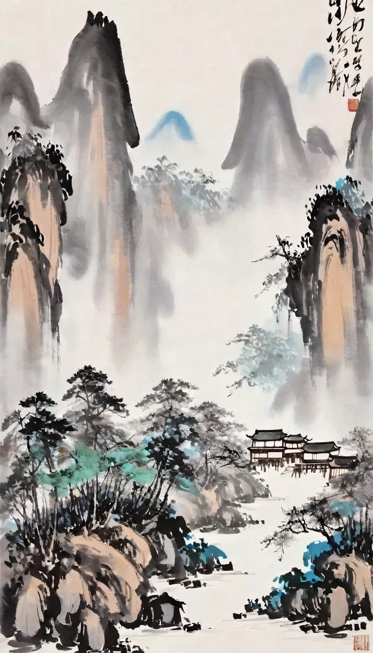 (Abstract主义painting:1.5)，author:Wu Guanzhong，Lijiang River mist and rain，Wire，sketch，painting，ink，gongbi，painting，simple，Abstract，sketch，mountain village，modernism