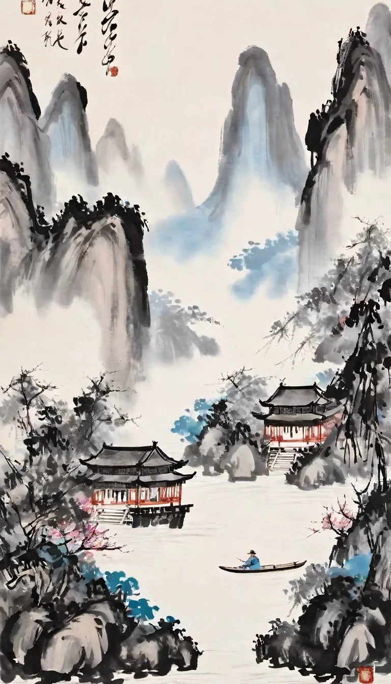 (Abstract主义painting:1.5)，author:Wu Guanzhong，Lijiang River mist and rain，Wire，sketch，painting，ink，gongbi，painting，simple，Abstract，sketch，mountain village，modernism