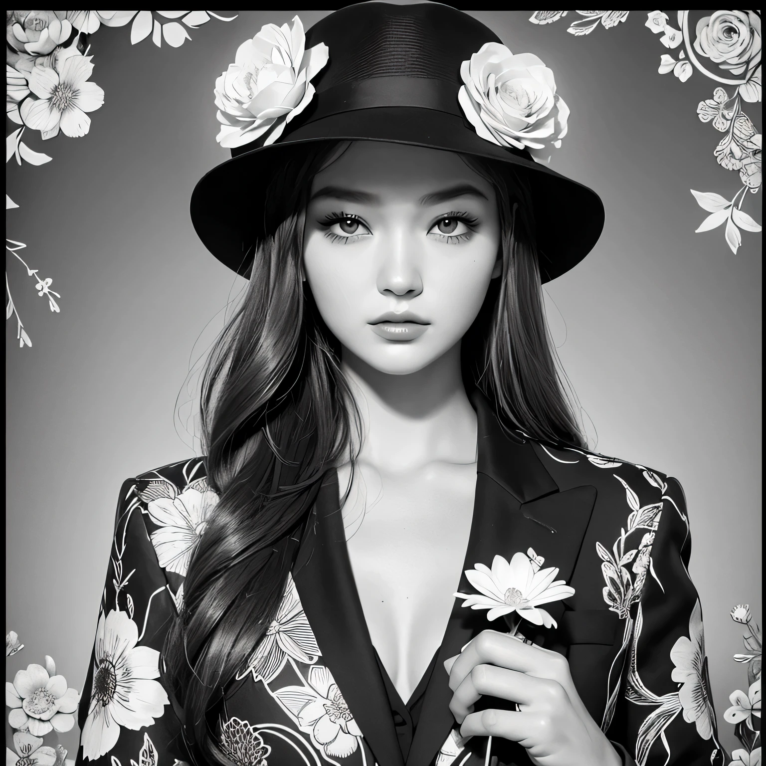 Black and white stick figure 1 girl with flowers, lots of flowers in background, Office Suit , its fine ink line art, comic style, portrait of ploynesian girl, Gigi Hadid Hollywood glam, hand holding A GUN, Wearing Fedora Hat, beautiful line art, black and white comic style, realistic, ink drawing, black and white coloring,