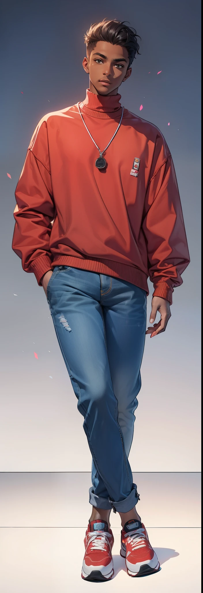 (plain background). dark-skinned guy, (red sweater:1) jeans and sneakers