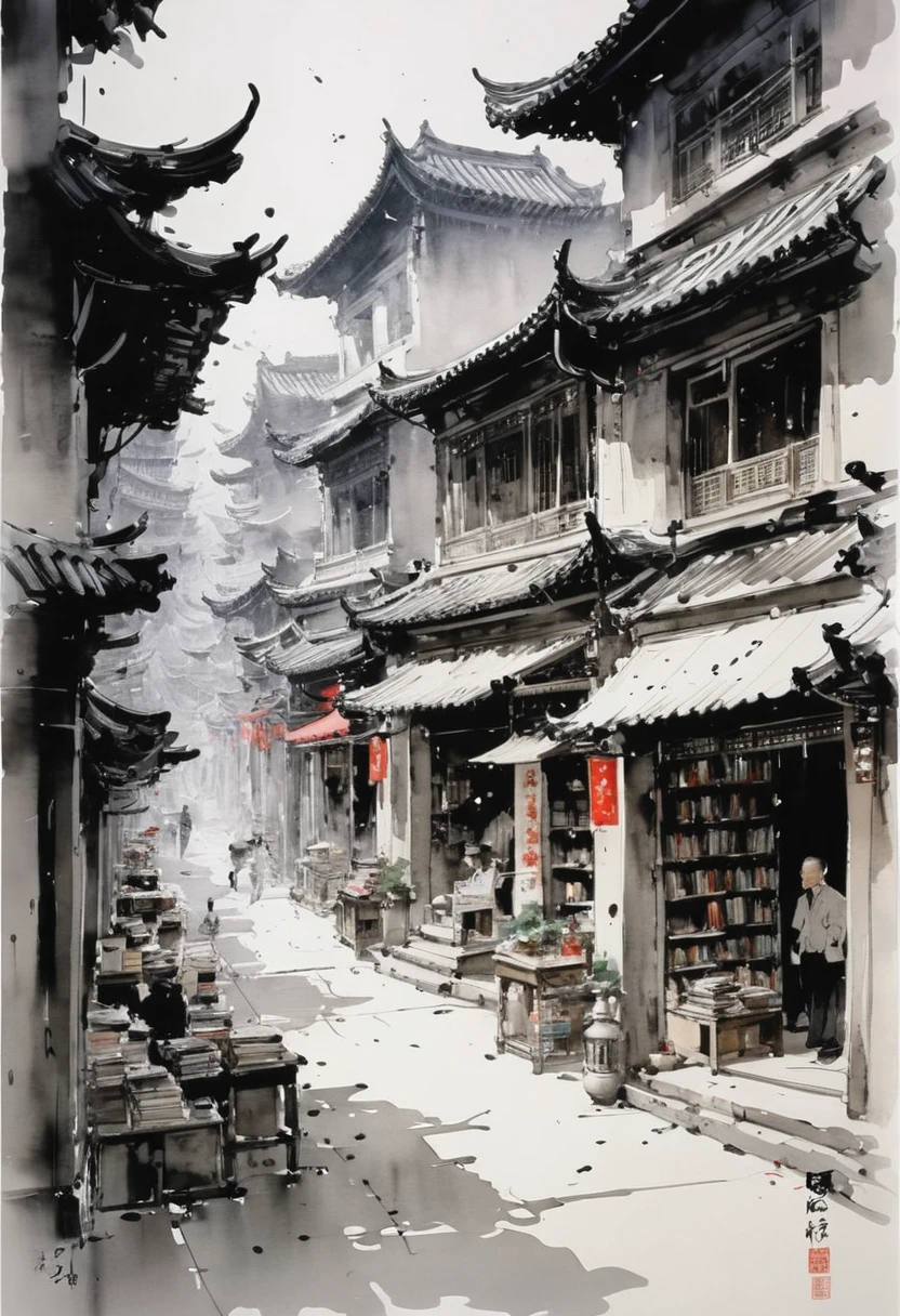 by Wu Guanzhong, ink and wash, inside of bookstore, (best quality, perfect masterpiece, Representative work, official art, Professional, high details, Ultra intricate detailed:1.3)