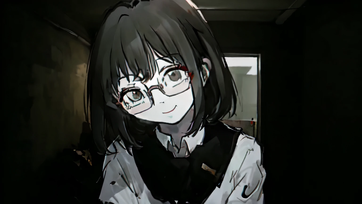 Gray wall, night, darkness, looking at me, black hair, short hair, white uniform, one girl wearing glasses, wall, smile