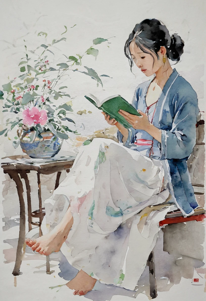 by Wu Guanzhong, watercolor art, girl, reading book, masterpiece, high details, intricate detailed