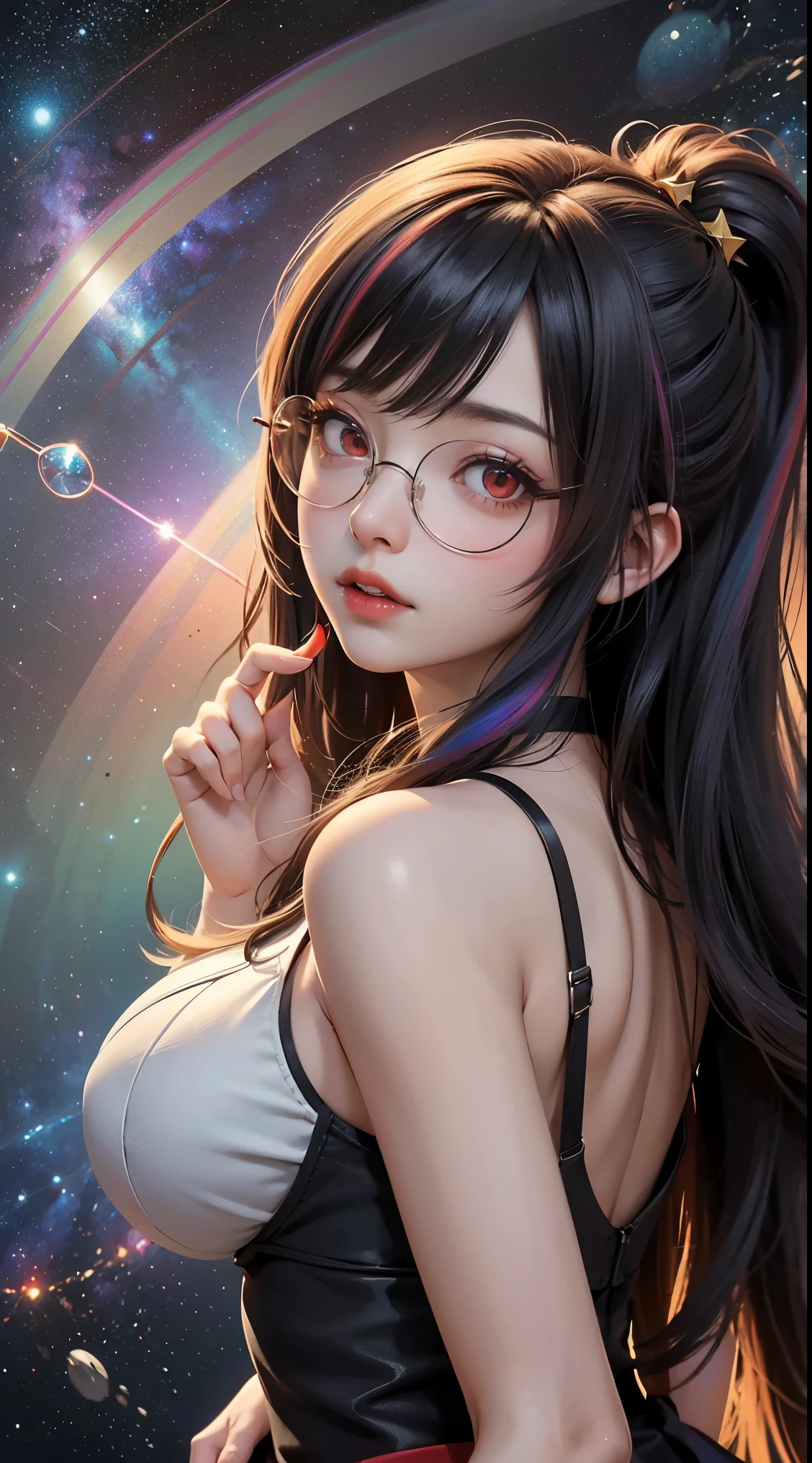 1名 27歳 woman, got it、(best illustrations)、8k UHD resolution、intricate details、最high quality、realistic、Super detailed、best lighting、best shadow、soft lighting、ultra hd、dungeon and Dragon、cave、dungeon、 necromancer、night、dark style、Succubus、devil'Daughter of、bat wings,(((デーモンホーンラック縁round glasses))))、(((big breasts)))、(devil'Tail)、(red eyes shine:1.6)、masterpiece、beautiful features、Tyndall effect、realisticphotograph、(high detail skin:1.2)、8KUHD、Digital single-lens reflex camera、high quality、photograph、High resolution、 absurd、Ponytail distortion、Optimal ratio of 4 fingers and 1 thumb、1 girl、hair ornaments、真っ赤に輝くgemのネックレス、gem、beautiful expression、body up、big breasts emphasis、tight waist、wide ass、Tyndall effect、Photoreal、(high detail skin:1.2)、dark and mysterious version, lipstick red lips, thin and beautiful lips, Don'don't laugh, please keep your mouth shut, Characters created by Karol Baku and Pino Denis, intricate details, detailed background, very detailed, magic of light, woman, cute face, ((((giant glasses, otaku glasses, thick glasses, round glasses))))、 looking at the Upper body of the goddess , round chest, big and round chest, phoenix hair brooch, long hair with bangs, (Long hair has seven colors like a rainbow:1.9), Beautifully detailed face and well-proportioned eyes, (clear red eyes: 1.8), Big round eyes and very beautiful and detailed makeup, Visionary, long silk nightgowns, mysterious makeup, ブresponseレット, I dyed my side bangs light yellow.., Upper body, (goddess Upper body: 1.8), hanging arms, リアルで鮮やかなphotograph, (stars that make up : 1.7), ( Sky and imaginary space-time portal: 1.8), fiction art, RAWphotograph, 着物のphotograph, 最高のphotograph , expensive_response, 最high quality, 最高のphotograph, 8K quality, 8K Ultra , surrealism, 最も経済的な本物のphotograph, Artistic portrait of 12 signs, Symbol of one of the 12 signs on the back, 12 Single Portrait of the Goddess, 最もrealistic配色, 最高のphotograph color, masterpiece, hair ornaments, ネックresponse, jewelry, beautiful face, Upper body, Tyndall effect, photographのようにリアルな, Dark studio, border light, two tone light, (fine skin) expensive: 1.2), 8k UHD, Digital single-lens reflex camera, soft light, expensive quality, volume light, Frank, photograph, expensive responseolution, 4K quality, 8k, Bokeh, smooth and sharp, 10x more pixels, Charming goddess, sexy goddess, (background space: 1.8), (milky way: 1.7), aurora, lightning, (auroraの背景: 1.8) <roller:crazy_perfect eyes_v1_from_v1_, beautiful goddess and flowers,