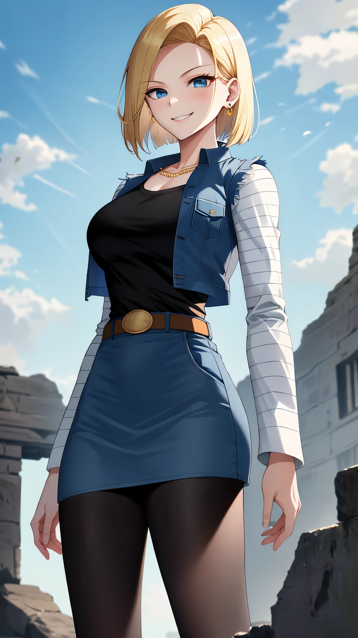 best quality, high-res, and18, 1girl, android 18, solo, blonde hair, blue eyes, belt, blue demin bodycon skirt, gold necklace, black shirt, short hair, long sleeves, white striped sleeves, earrings, open vest, blue denim vest, large breasts, cowboy shot, forest, straight-on, (weather: windy), fighter stance, full length pantyhose, battle ruins, wide hips, shy smile,