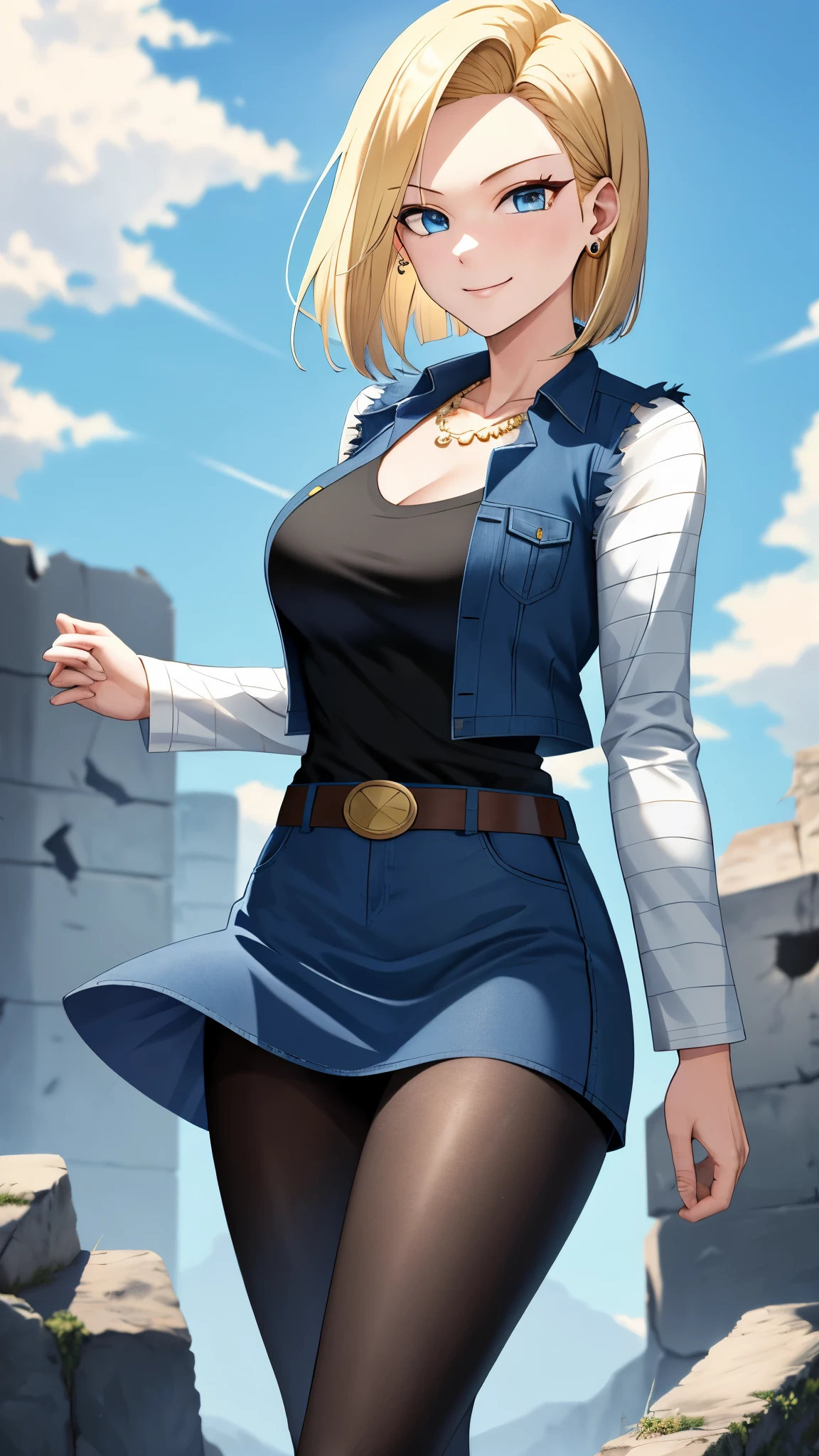 best quality, high-res, and18, 1girl, android 18, solo, blonde hair, blue eyes, belt, blue demin bodycon skirt, gold necklace, black shirt, short hair, long sleeves, white striped sleeves, earrings, open vest, blue denim vest, large breasts, cowboy shot, forest, straight-on, (weather: windy), fighter stance, full length pantyhose, battle ruins, wide hips, shy smile,
