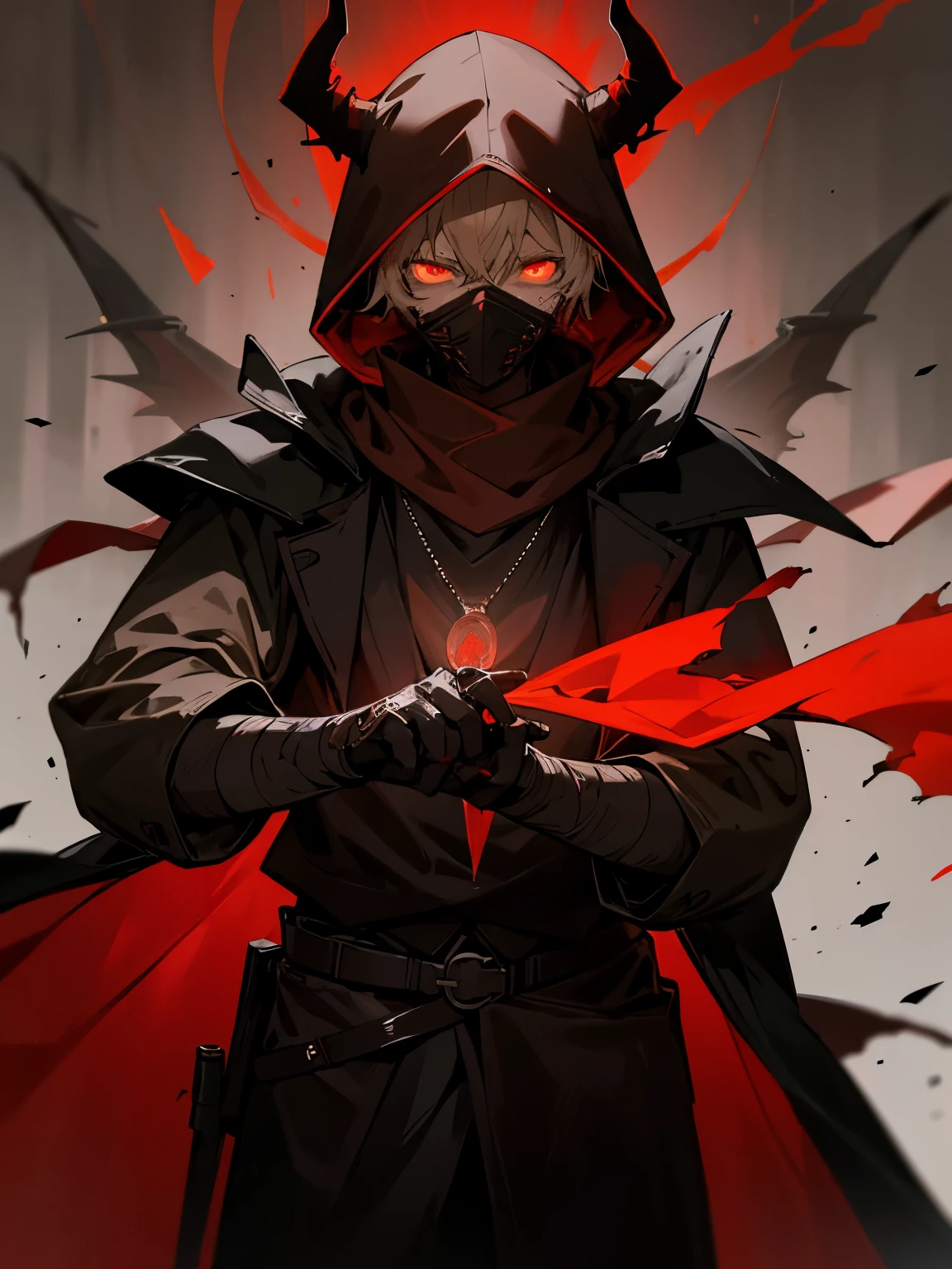 nijistyle, cowboy shot of demon hunter, hood up, faceless, glowing red eyes, torn brown coat, pauldrons, black vest, red scarf, bandages, pendant, fantasy, night, dark atmosphere, red horns