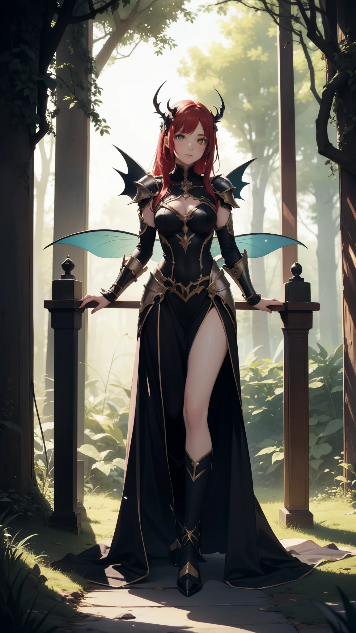 Masterpiece, 1girl, (daemon-like girl), red hair and Green eyes, with dark skin tone and 2 small horns, full body, Lady knight and princes, armor, fantasy, closed mouth, detailed, enchanted dark forest, (dark fairy tale) , unconditional love, emotional connection