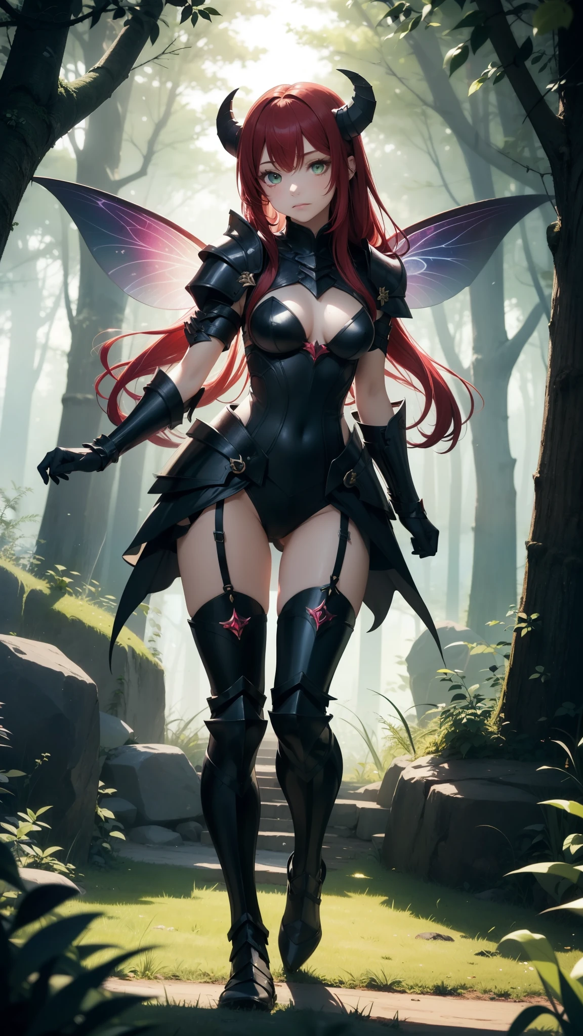 Masterpiece, 1girl, (daemon-like girl), red hair and Green eyes, with dark skin tone and 2 small horns, full body, Lady knight and princes, armor, fantasy, closed mouth, detailed, enchanted dark forest, (dark fairy tale) , unconditional love, emotional connection