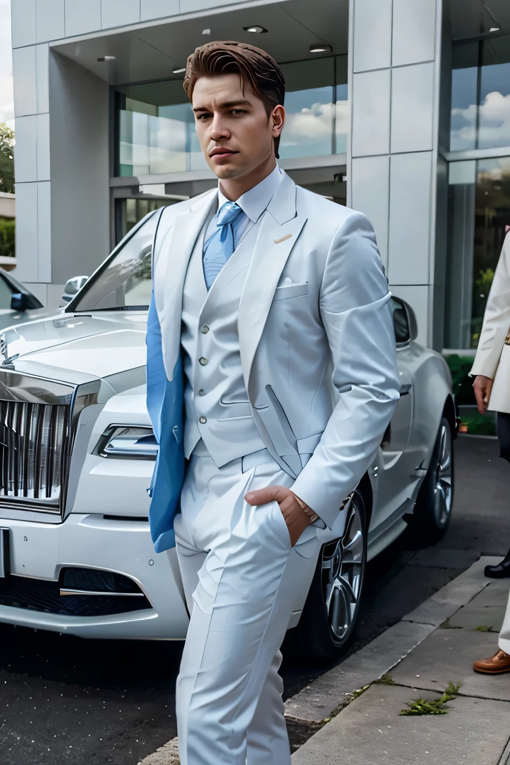 photorealistic white male standing outside of a white rolls royce wearing a fancy blue suit. Show entire car from front to back