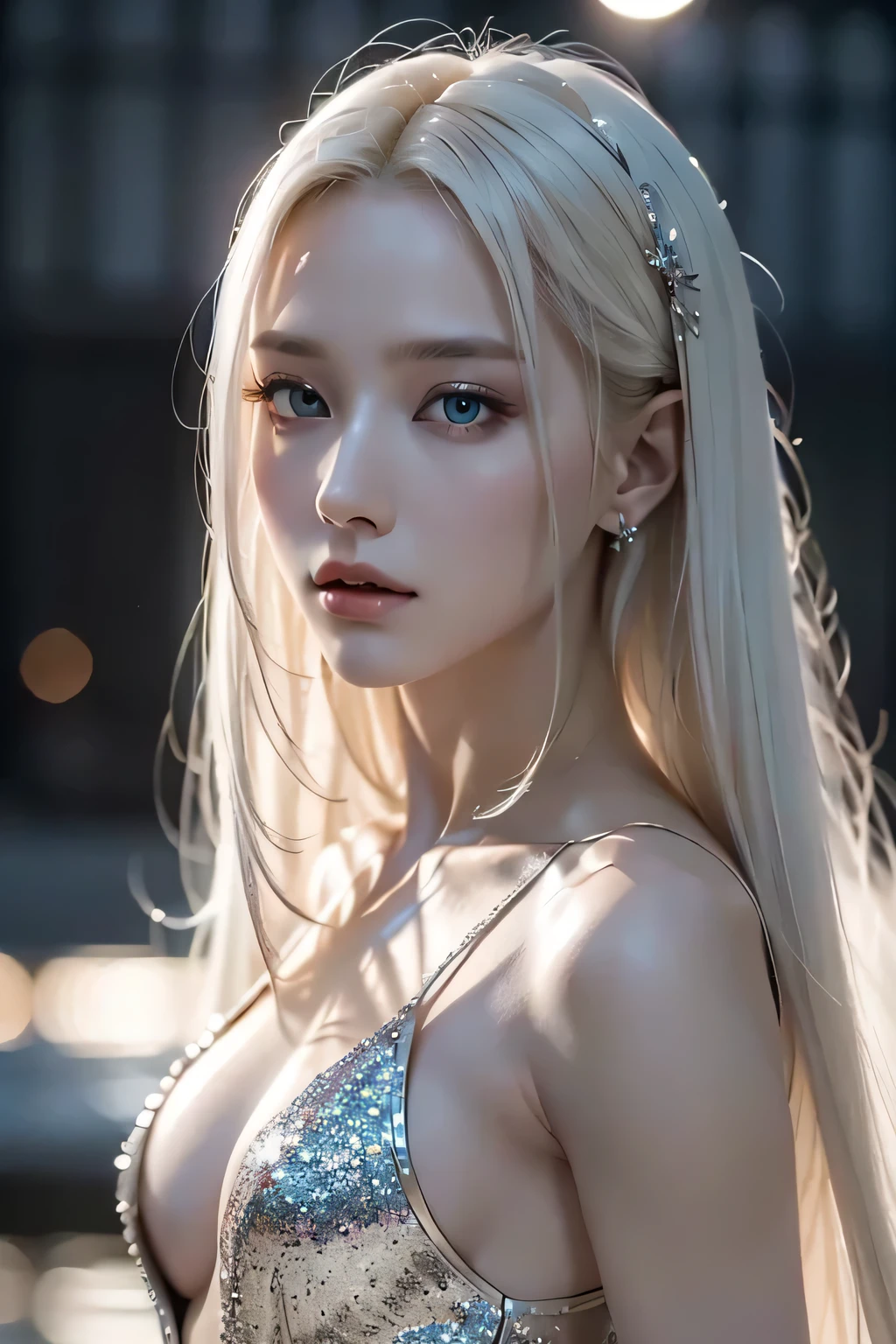 top-quality、8K Masterpiece、超A high resolution、(Photorealsitic:1.3)、Raw photo、1人、silver white hair、glowy skin、1 Cyberpunk Super Beautiful Soldier、((super realistic details))、portlate、globalillumination、Shadow、octan render、8K、ultrasharp、beauty breast、Raw skin is exposed in cleavage、metals、cold color、、highly intricate detail、Realistic light、CGSoation trend beautiful eyes、Eyes shining towards the camera、neon details、