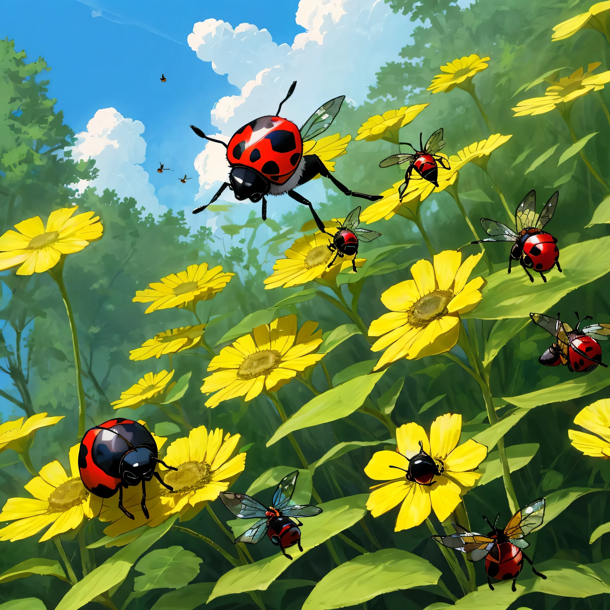 Cartoon image of insect ladybug and bee, forest, Blue sky