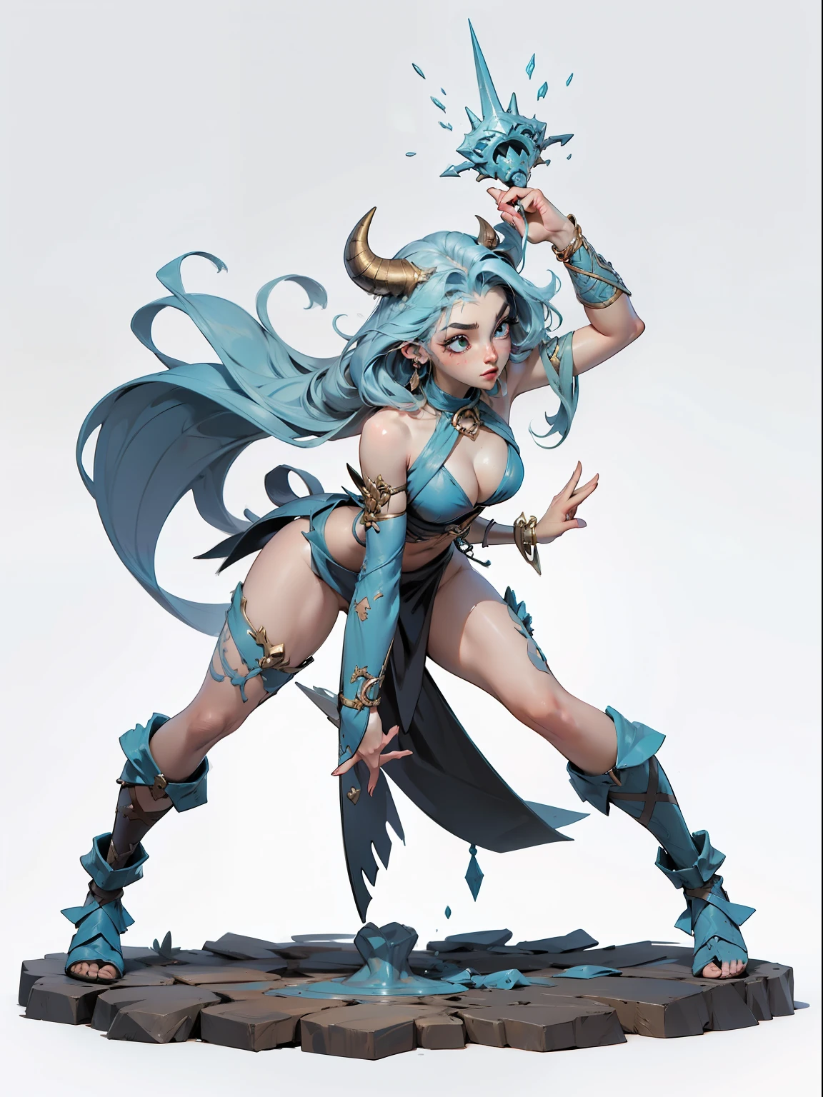 ((top-quality))、((tmasterpiece))、((Full body photo of a woman))、((very simple background))、(Game character design)、amazon warrior，Primitive barbarian tribal style，Water element chest shell，exposed navels，Animal skin clothing，cloaks，Blue clothes，Blue demon monster、monster design，(Water Goddesarine element merger)、Cartoony、Beastman、Ivory ornaments、solo、Fighting posture，Riot game concept art