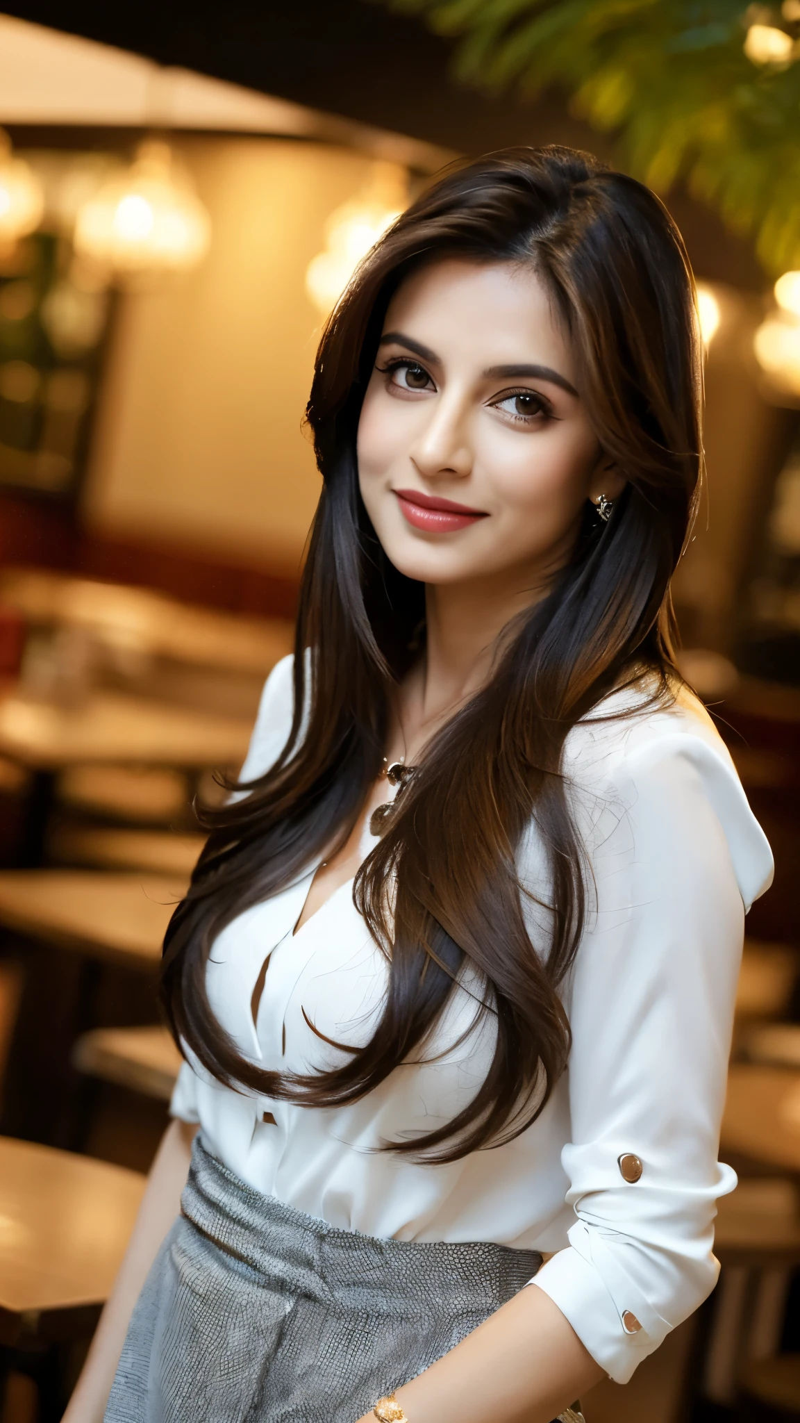 1 mulher adulta, beautiful Bollywood supermodel, big chest, cabelo comprido, cabelo cacheado, cabelo cor preto, pele suave, olhos castanhos, sorrir, vegetation, Occasional, Businesswoman style clothes, blaser marrom claro, realista, com fundo em um restaurante chique, 8k super realista, super detalhado e realista, superb lighting, shining skin, white complexion, beautiful gorgeous face, beautiful body, beautiful eyes nose lips