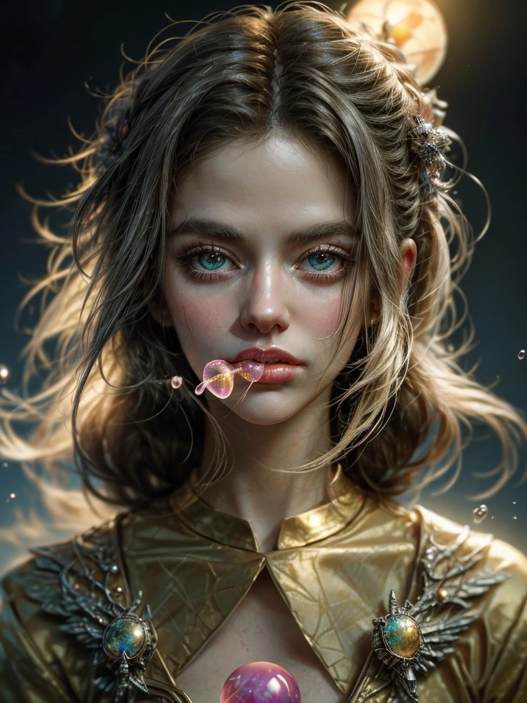 ((masterpiece:1.5)). This work of art is sweet, dreamy, idyllic and ethereal, with soft violet watercolor tones and many ornate bubble accents with iridescent colors. beautiful fairy dress, Generate a delicate and demure fae exploring a (Bubblegum World with a wide variety of pastel shades).(Floating low), Her sweet face is extremely detailed and realistic with elegant features., A perfect, half-open and sensual mouth ,with swollen, kissable lips, and looks like ((((a classy Micarah Tewers)))). His lips are a uniform shade of pink. Includes fun and impressive features. Highly realistic eyes. His eyes are important and must be hyper-realistic, highly detailed and beautiful. In high definition and detail, Includes many details such as stars, galaxies, colorful bubbles, colorful petals, shiny paint drips, Iridescence, and a lot of energy and emotion. ((Stars and colorful bubblegum bubbles are important!) ), ((Includes fantasy details:1.6)), Improved Details, Iridescence, Colorful and Bright Wind, and Pollen. Pay special attention to your face and make sure it is beautifully detailed and realistic... camera: This art is dreamlike and ethereal and the camera should emphasize those features... Create something that is strikingly beautiful with fairy tones. Use dynamic composition techniques, ((Imaginative scene)),((perfect, meticulously detailed:1.4)), ((full shot: 1.4, Dynamic pose:1.3)), ((Best quality)), ((Masterpiece)) , 3D, (Hyper Detailed: 1.3), ((Epic Scenery: 1.3)), (Photorealistic: 1.4), ( (Front Camera), ((Low Light Night Cinema Lighting: 1.2)).32k.