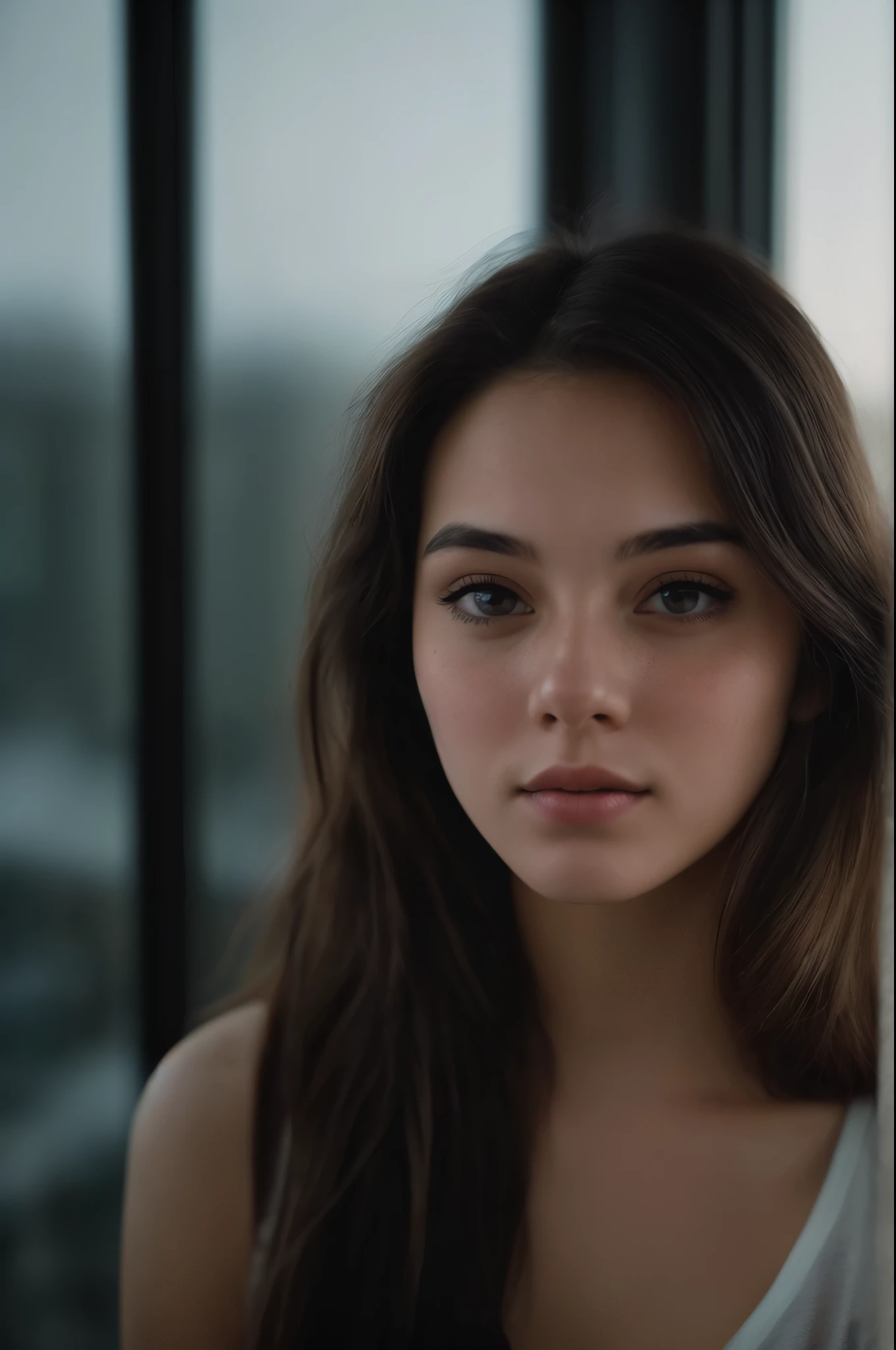 (close-up, editorial photograph of a 21 year old woman), (highly detailed face:1.4) (smile:0.7) (background inside dark, moody, private study:1.3) POV, by lee jeffries, nikon d850, film stock photograph ,4 kodak portra 400 ,camera f1.6 lens ,rich colors ,hyper realistic ,lifelike texture, dramatic lighting , cinestill 800,