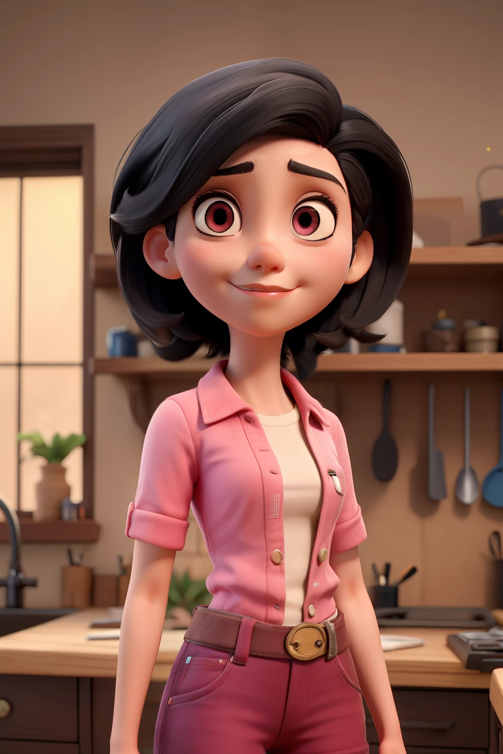 ((melhor qualidade)), ((obra de arte)), (detalhado), rosto perfeito
a girl with short black hair, pink eyes. She is using tools to fix something. She doesn't smile, she's serious. all body photo