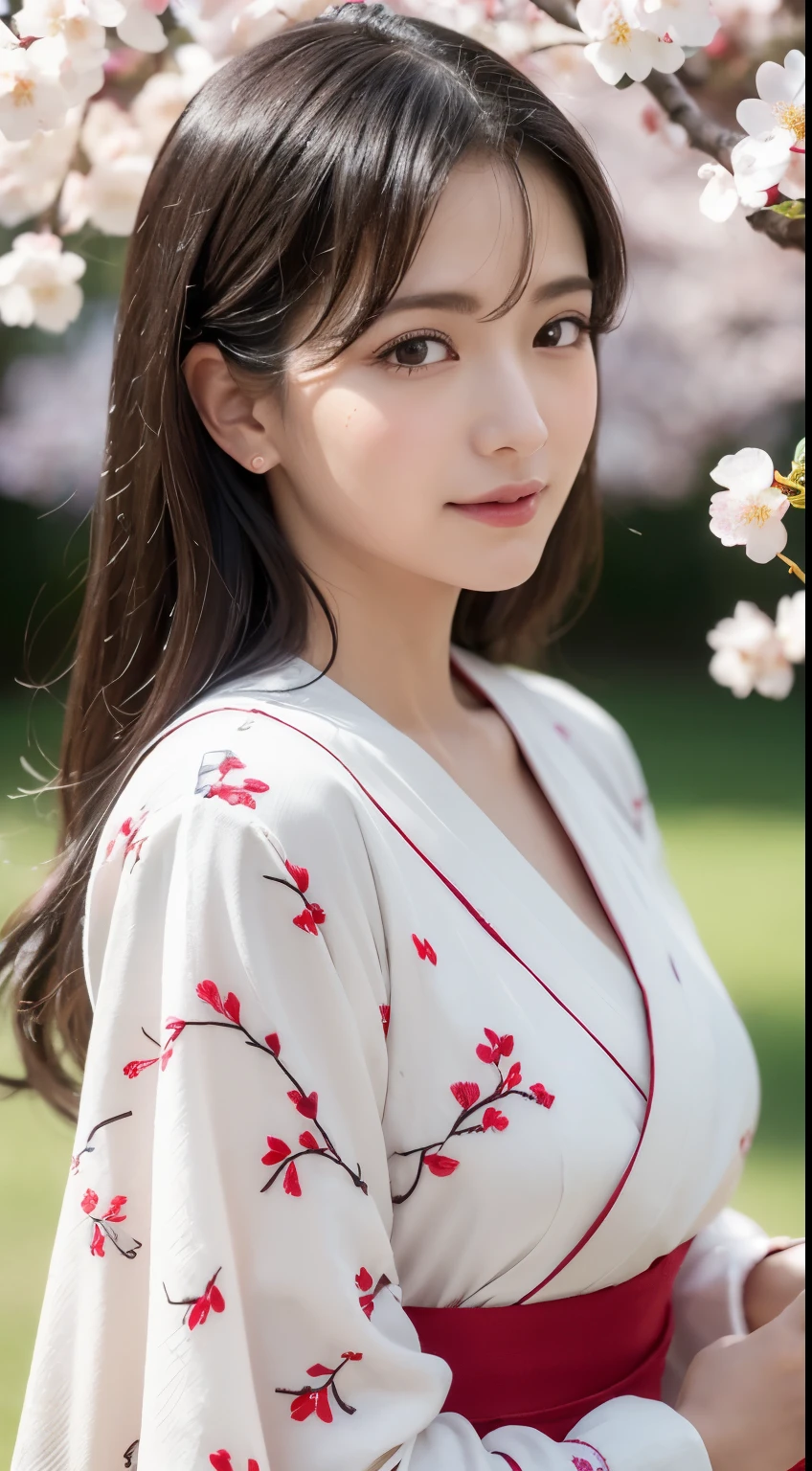 (logo、masterpiece、8k、table top、RAW photo、wonderful、最high quality、Photorealistic and hvery detailed CG integrated 8k wallpaper、high quality、very detailed、Narrative poem、particle effects、dynamic effects、written boundary depth、cinematic light、Lens flare、ray tracing)、fantasy、 (1 beautiful woman、white kimono、Japan Dress、white cherry blossom pattern、White cherry blossom embroidery pattern、black haired、beautiful face、real face、beautiful details eyes beautiful skin)、Hair flutters in Wind、hair bounces、pink cherry tree、petals dance、SakuraFubuki、wonderful景色、sunrise、sun on background、Wind、god々、teeth、god話、vast land