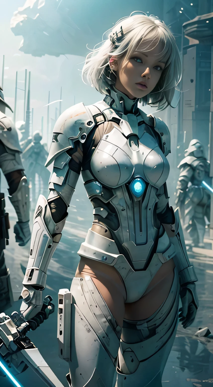 Amazing and clean character image with all-white futuristic armor(clan,marbled),With a lightsaber(with light glowing)expose arms、bshoulders、upper legs、nabel,Clean white background with sci-fi circle
