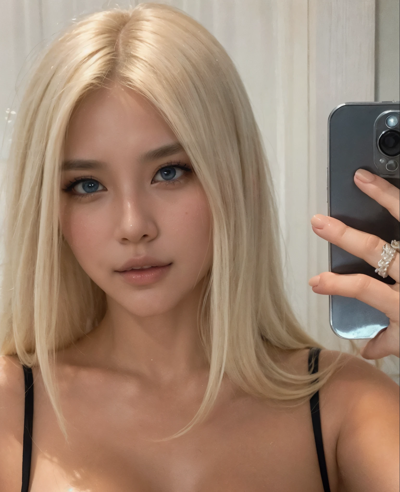best quality,portrait,detailed eyes,detailed lips,ultra-detailed,realistic,Asian beauty,long blonde hair,piercing blue eyes,voluminous breasts,soft lighting,American-style swimsuit,exotic floral background,subtle makeup,vibrant colors,lush garden setting,serene expression,luminous skin,delicate features,refined elegance,graceful posture,sun-kissed glow,sunshine filtering through the trees,subtle breeze, intricate lace details, seductive gaze, radiant smile, harmonious composition, traditional Korean hairstyle, delicate accessories,Asian-inspired jewelry,fluid brushstrokes,highly realistic rendering,captivating presence,Asiatica-inspired theme, breathtaking beauty,carefully curated showcase, exquisite craftsmanship, mesmerizing charm, evoking a sense of serenity and tranquility.