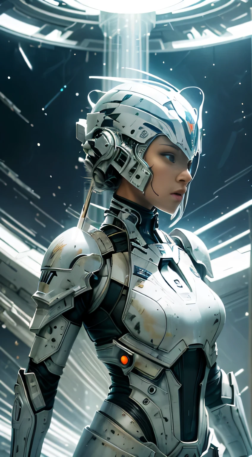 Amazing and clean character image with all-white futuristic armor（clan，marbled），With a lightsaber（with light glowing）expose arms、bshoulders、upper legs、nabel，Clean white background with sci-fi circle