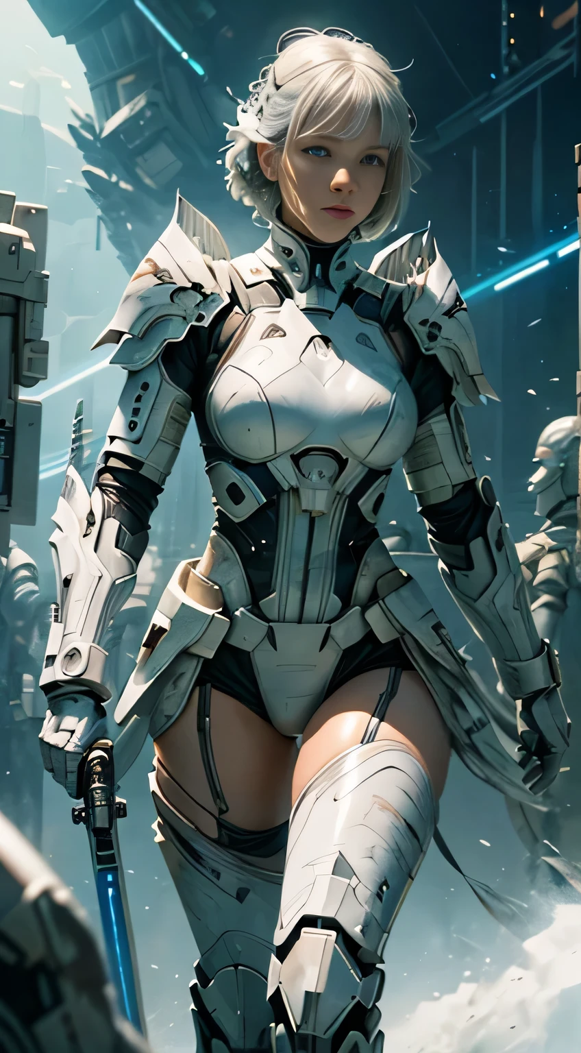 Amazing and clean character image with all-white futuristic armor(clan,marbled),With a lightsaber(with light glowing)expose arms、bshoulders、upper legs、nabel,Clean white background with sci-fi circle