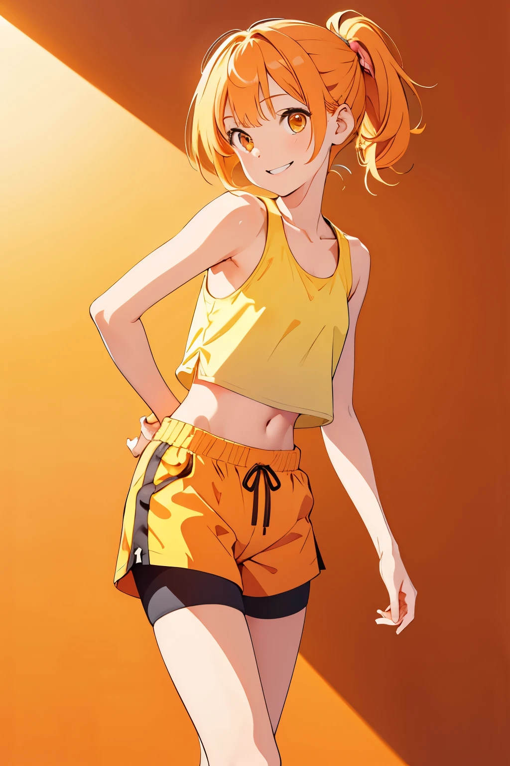 masterpiece,1girl, thin frame, skinny, tall, Adorable,smiling, yellow tanktop, pink sport shorts, pale skin, orange hair, ponytail, orange eyes