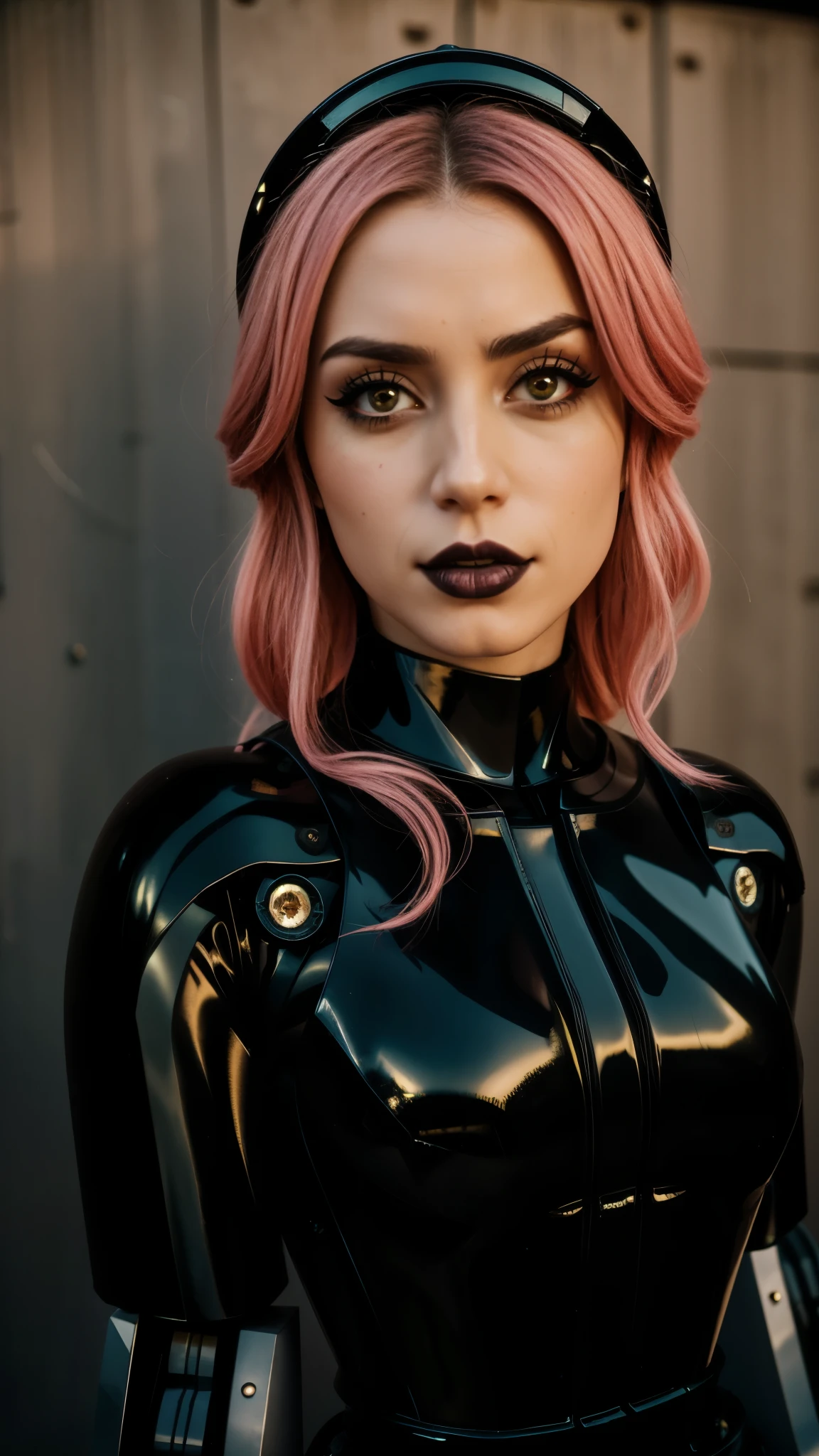 um close de uma mulher mecha, robot girl,  with a black latex outfit, wearing a black overalls, vestindo um body preto, body preto colante, pale gothic beauty, amouranth as a super villain, overalls, wearing black latex outfit, body fantasia de coelho de couro, vestindo roupas pretas justas, wearing gothic makeup