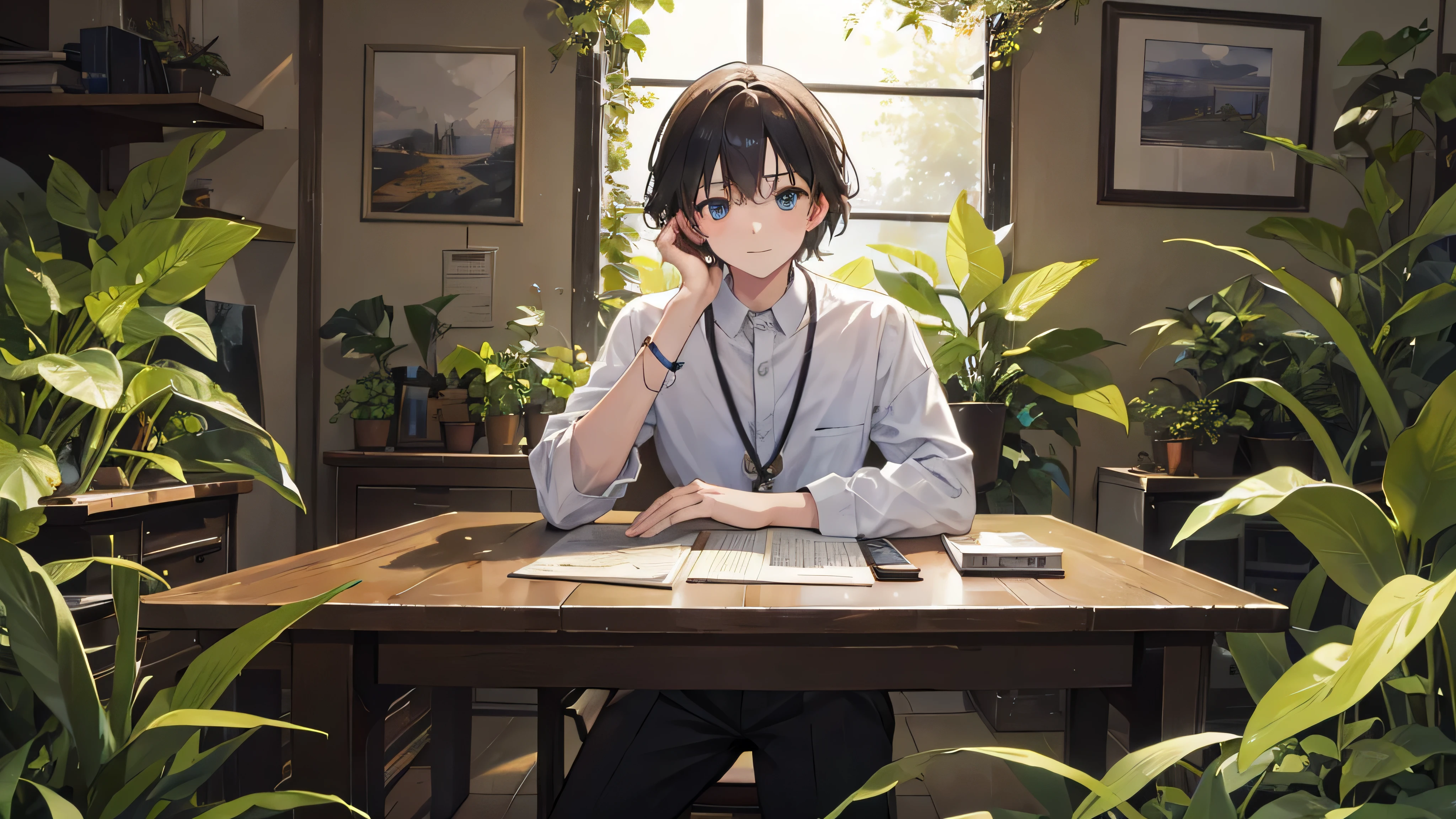 um jovem, friendly biologist, centrado no meio da imagem, with hands resting on the table, olhando para frente