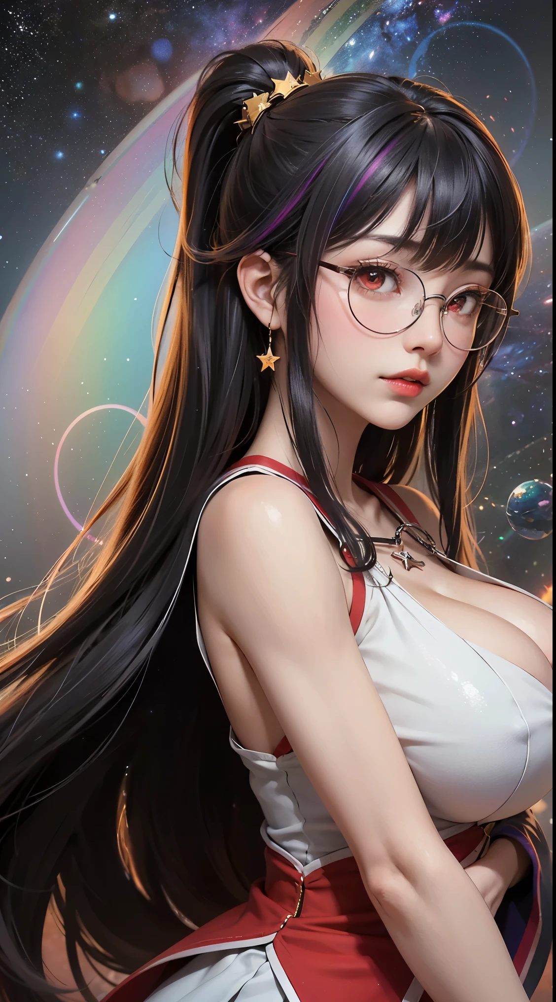 1名 27歳 woman, got it、(best illustrations)、8k UHD resolution、intricate details、最high quality、realistic、Super detailed、best lighting、best shadow、soft lighting、ultra hd、dungeon and Dragon、cave、dungeon、 necromancer、night、dark style、Succubus、devil'Daughter of、bat wings,(((デーモンホーンラック縁round glasses))))、(((big breasts)))、(devil'Tail)、(red eyes shine:1.6)、masterpiece、beautiful features、Tyndall effect、realisticphotograph、(high detail skin:1.2)、8KUHD、Digital single-lens reflex camera、high quality、photograph、High resolution、 absurd、Ponytail distortion、Optimal ratio of 4 fingers and 1 thumb、1 girl、hair ornaments、真っ赤に輝くgemのネックレス、gem、beautiful expression、body up、big breasts emphasis、tight waist、wide ass、Tyndall effect、Photoreal、(high detail skin:1.2)、dark and mysterious version, lipstick red lips, thin and beautiful lips, Don'don't laugh, please keep your mouth shut, Characters created by Karol Baku and Pino Denis, intricate details, detailed background, very detailed, magic of light, woman, cute face, ((((giant glasses, otaku glasses, thick glasses, round glasses))))、 looking at the Upper body of the goddess , round chest, big and round chest, phoenix hair brooch, long hair with bangs, (Long hair has seven colors like a rainbow:1.9), Beautifully detailed face and well-proportioned eyes, (clear red eyes: 1.8), Big round eyes and very beautiful and detailed makeup, Visionary, long silk nightgowns, mysterious makeup, ブresponseレット, I dyed my side bangs light yellow.., Upper body, (goddess Upper body: 1.8), hanging arms, リアルで鮮やかなphotograph, (stars that make up : 1.7), ( Sky and imaginary space-time portal: 1.8), fiction art, RAWphotograph, 着物のphotograph, 最高のphotograph , expensive_response, 最high quality, 最高のphotograph, 8K quality, 8K Ultra , surrealism, 最も経済的な本物のphotograph, Artistic portrait of 12 signs, Symbol of one of the 12 signs on the back, 12 Single Portrait of the Goddess, 最もrealistic配色, 最高のphotograph color, masterpiece, hair ornaments, ネックresponse, jewelry, beautiful face, Upper body, Tyndall effect, photographのようにリアルな, Dark studio, border light, two tone light, (fine skin) expensive: 1.2), 8k UHD, Digital single-lens reflex camera, soft light, expensive quality, volume light, Frank, photograph, expensive responseolution, 4K quality, 8k, Bokeh, smooth and sharp, 10x more pixels, Charming goddess, sexy goddess, (background space: 1.8), (milky way: 1.7), aurora, lightning, (auroraの背景: 1.8) <roller:crazy_perfect eyes_v1_from_v1_, beautiful goddess and flowers,