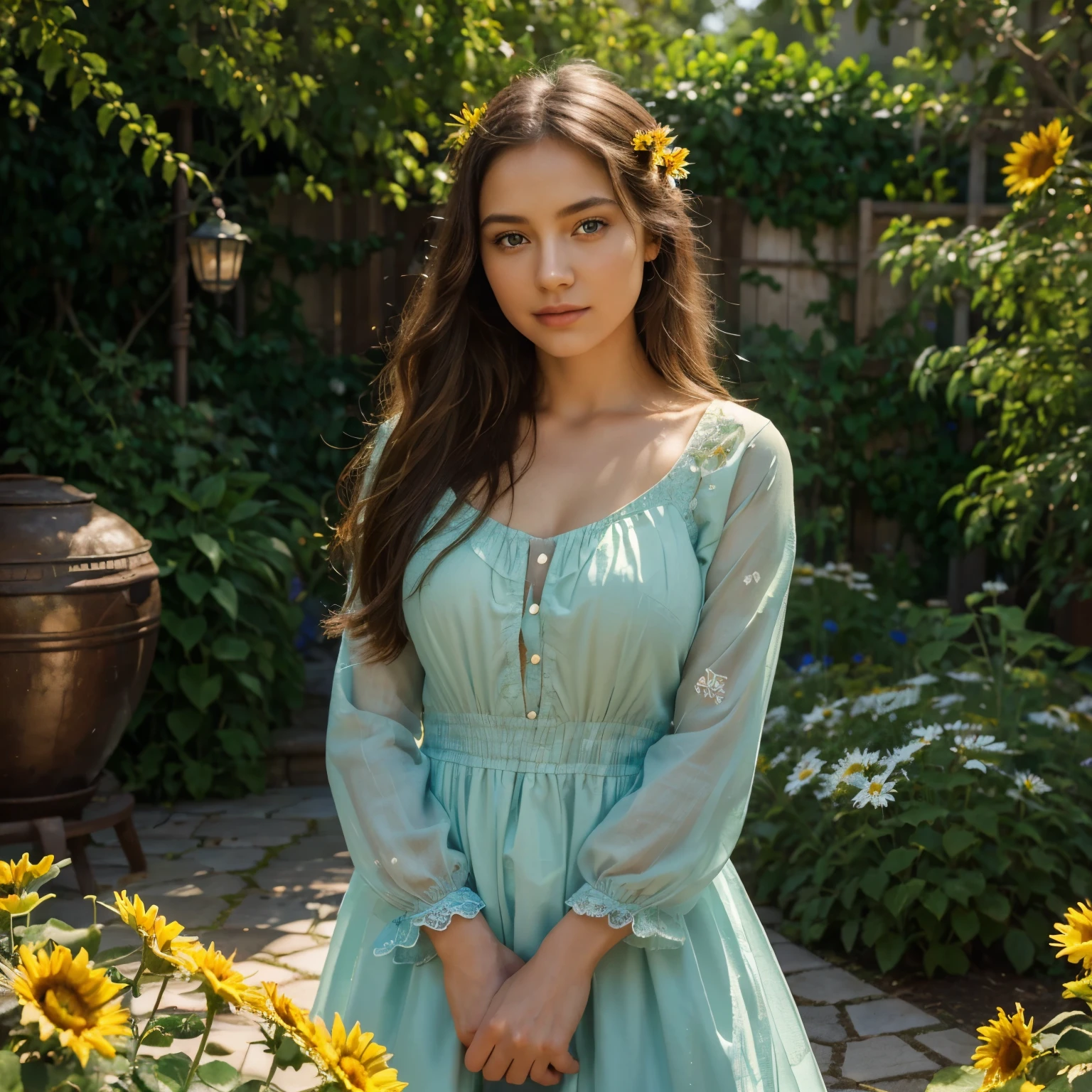 A girl in a vibrant garden, with beautiful detailed eyes, beautiful detailed lips, and an extremely detailed face. The girl is wearing a flowing dress, gracefully standing in the midst of colorful flowers. The garden is filled with various plants, such as roses, daisies, and sunflowers. The sunlight filters through the leaves, creating a mesmerizing play of light and shadow. The atmosphere is filled with joy and tranquility. The artwork is created using oil painting techniques, resulting in a masterpiece with high resolution and ultra-detailed features. The color palette is vivid and vibrant, enhancing the overall beauty of the scene. The lighting is soft and natural, casting a warm glow over the girl and the garden. The final artwork is a combination of realism and fantasy, capturing the essence of the girl's beauty and the enchantment of the garden.
Tags: girl, garden, vibrant, detailed eyes, detailed lips, flowing dress, colorful flowers, roses, daisies, sunflowers, sunlight, oil painting, masterpiece, high resolution, ultra-detailed, vivid colors, soft lighting, realism, fantasy.