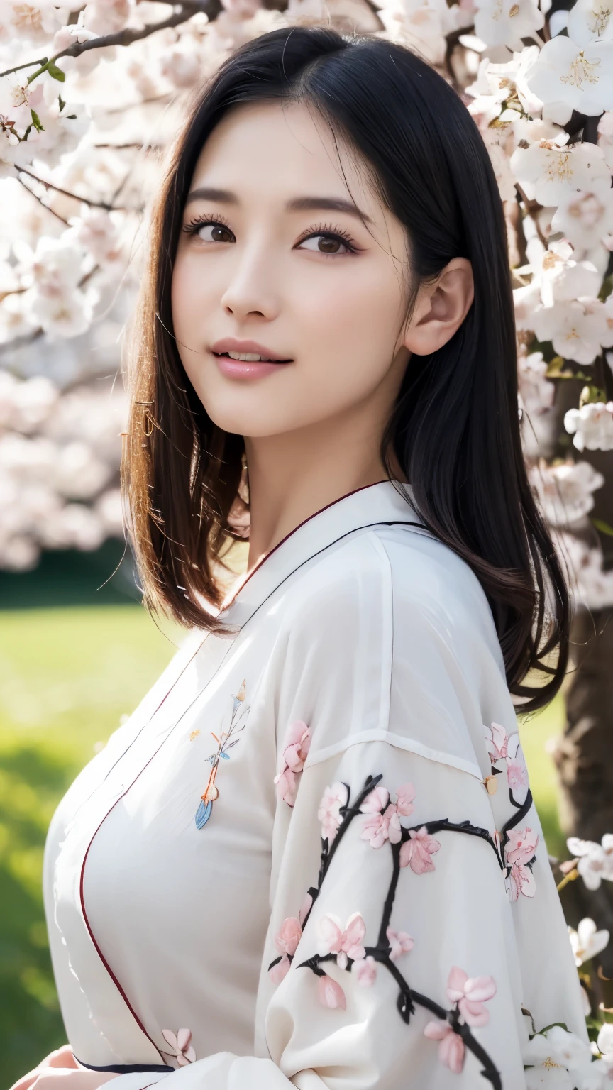 (logo、masterpiece、8k、table top、RAW photo、wonderful、最high quality、Photorealistic and hvery detailed CG integrated 8k wallpaper、high quality、very detailed、Narrative poem、particle effects、dynamic effects、written boundary depth、cinematic light、Lens flare、ray tracing)、fantasy、 (1 beautiful woman、white kimono、Japan Dress、white cherry blossom pattern、White cherry blossom embroidery pattern、black haired、beautiful face、real face、beautiful details eyes beautiful skin)、Hair flutters in Wind、hair bounces、pink cherry tree、petals dance、SakuraFubuki、wonderful景色、sunrise、sun on background、Wind、god々、teeth、god話、vast land