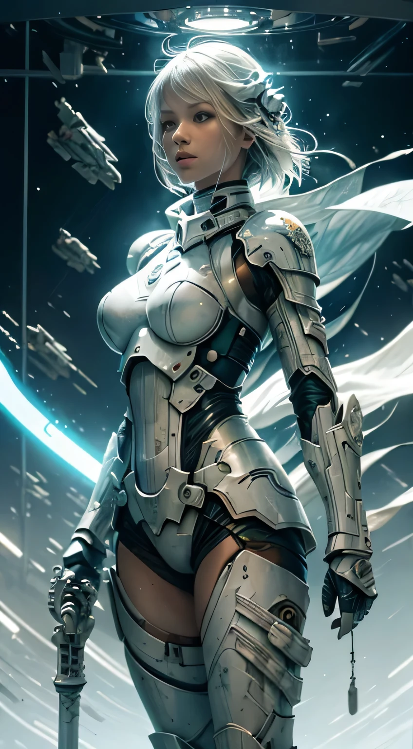 Amazing and clean character image with all-white futuristic armor（clan，marbled），With a lightsaber（with light glowing）expose arms、bshoulders、upper legs、nabel，Clean white background with sci-fi circle