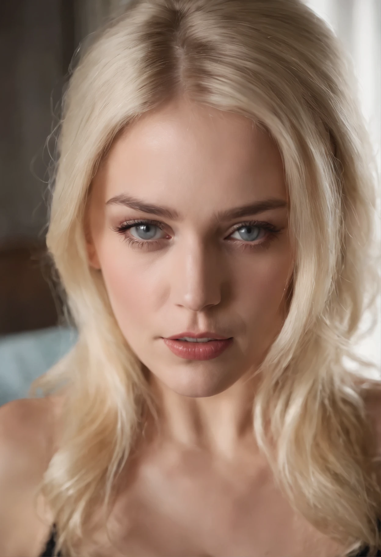A beautiful blonde is fucked hard with a big dick in her mouth. She's drooling and crying. The mascara on her eyes was smeared. She is being held tightly by her hair.