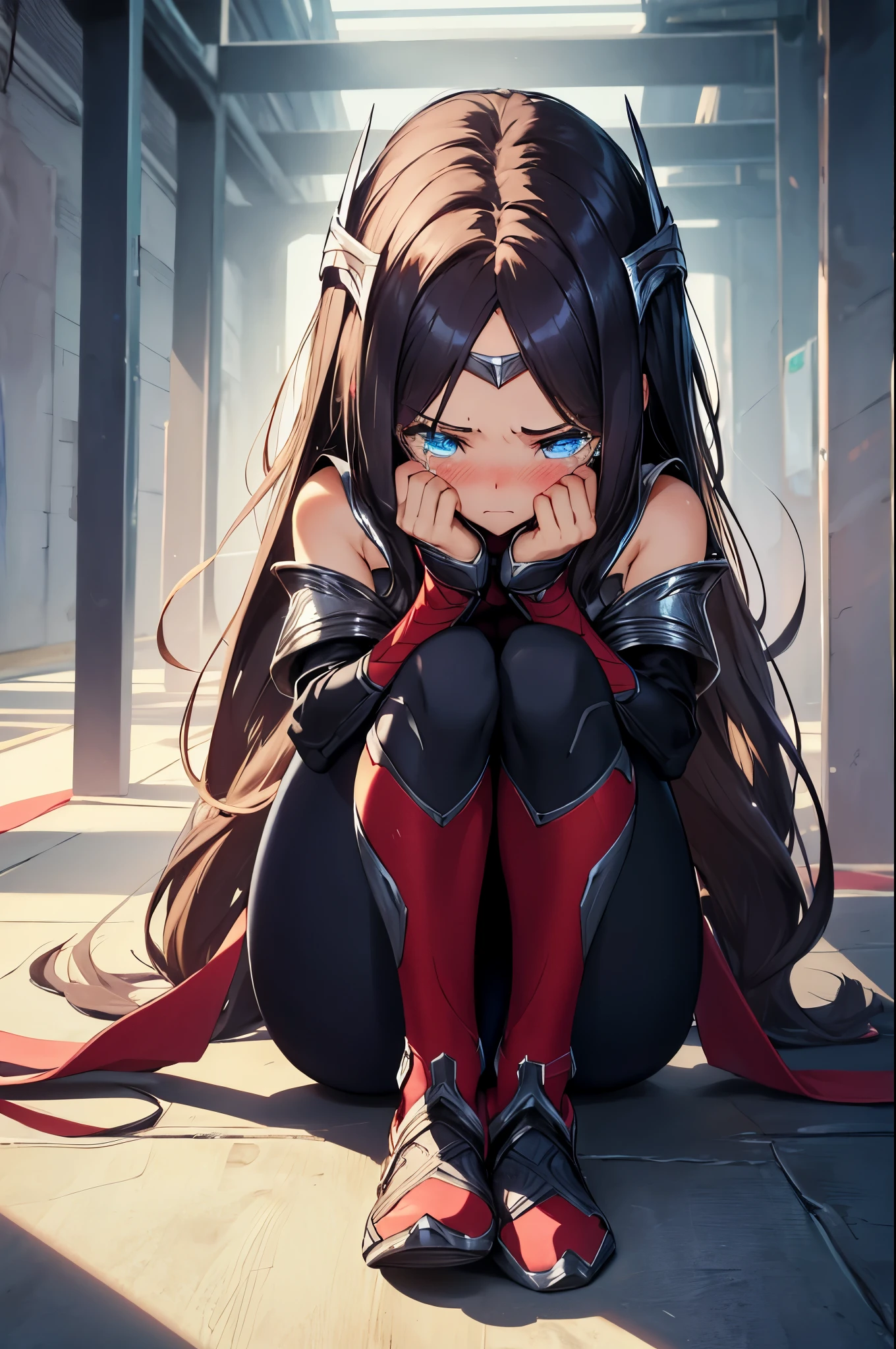 (masterpiece), best quality, expressive eyes, perfect face, highres, 1girl, solo, (small:1.5), kids, irelia, bodysuit, bare shoulders, forehead protector, hair ornament, armor, blushing, crying, sitting on floor, portrait, looking at the viewer,