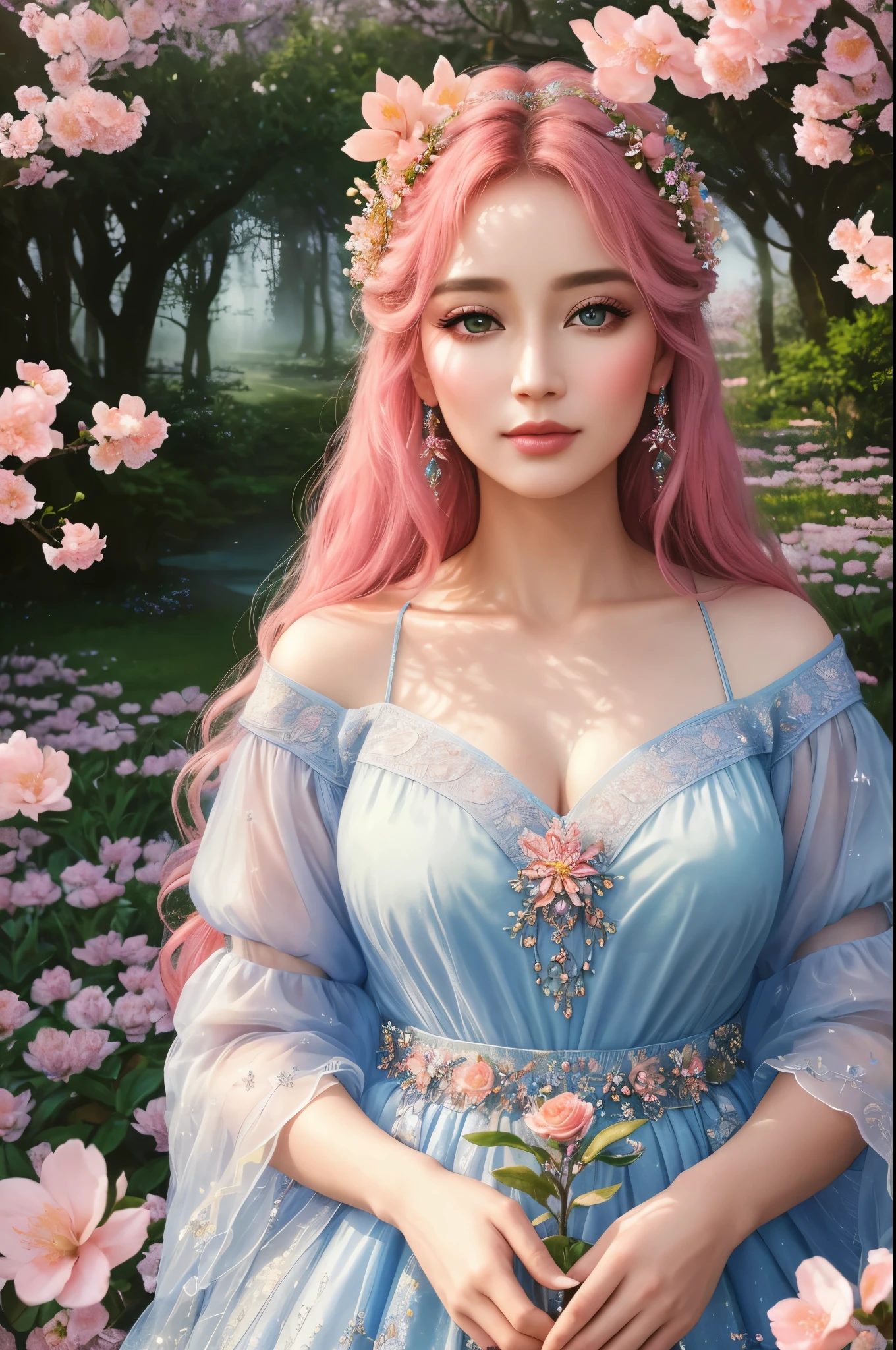 stunning beauty, 45 years old, (best quality, highres, masterpiece:1.3), pierced eyes, ultra-detailed, vibrant colors, ethereal atmosphere, magical portrait, enchanted garden, blooming peach blossoms, mystical fairy, ancient enchantment, radiant beauty, divine connection, immortal love