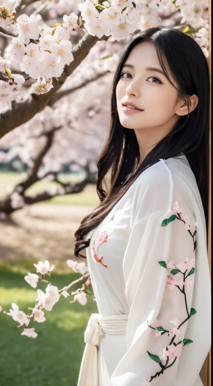 (logo、masterpiece、8k、table top、RAW photo、wonderful、最high quality、Photorealistic and hvery detailed CG integrated 8k wallpaper、high quality、very detailed、Narrative poem、particle effects、dynamic effects、written boundary depth、cinematic light、Lens flare、ray tracing)、fantasy、 (1 beautiful woman、white kimono、Japan Dress、white cherry blossom pattern、White cherry blossom embroidery pattern、black haired、beautiful face、real face、beautiful details eyes beautiful skin)、Hair flutters in Wind、hair bounces、pink cherry tree、petals dance、SakuraFubuki、wonderful景色、sunrise、sun on background、Wind、god々、teeth、god話、vast land