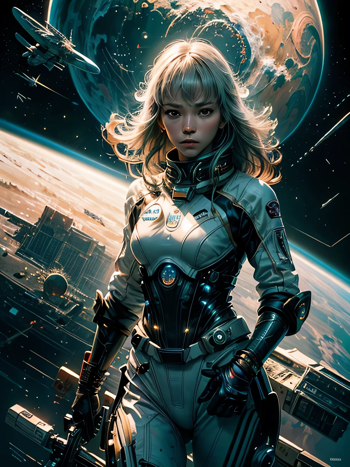 master-piece，1 monk warrior girl with white tech suit clothes，White long hair，laces，Abstract retro sci-fi background，art of moebius，Ashley Wood's art，dynamicpose，Wandering Earth，Space Starry Sky