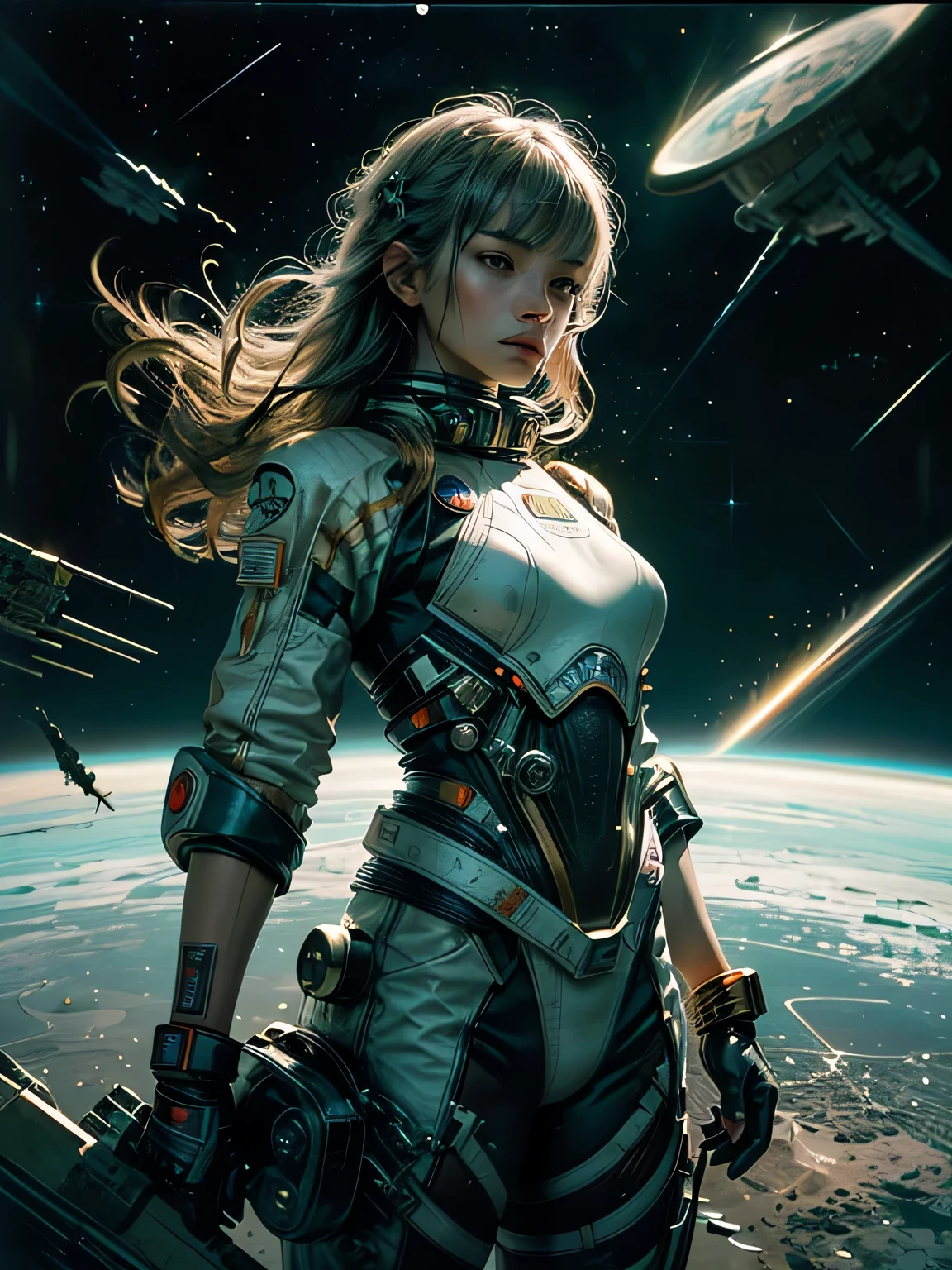 master-piece，1 monk warrior girl with white tech suit clothes，White long hair，laces，Abstract retro sci-fi background，art of moebius，Ashley Wood's art，dynamicpose，Wandering Earth，Space Starry Sky