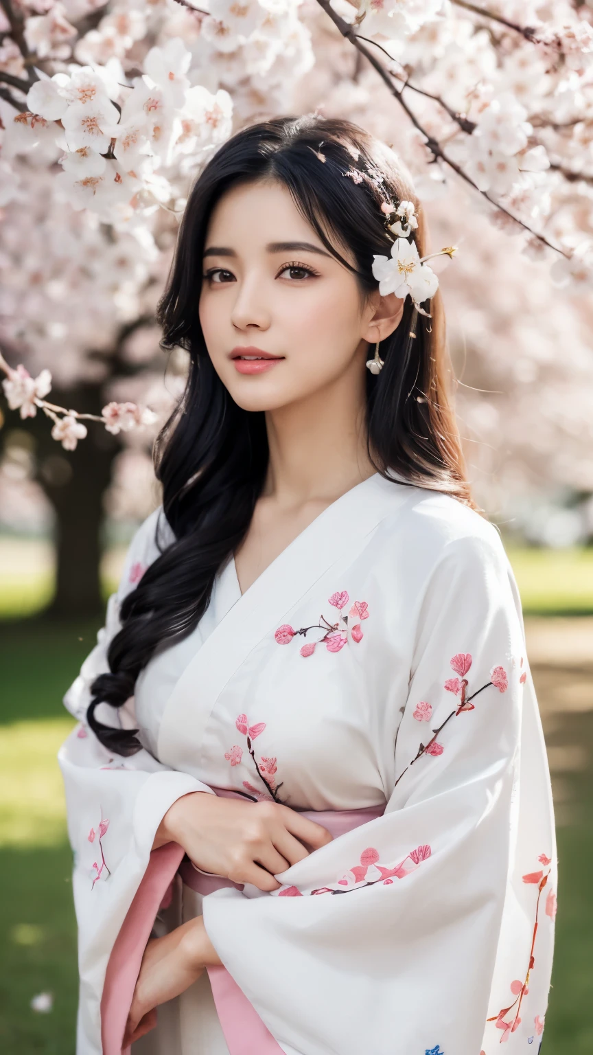 (logo、masterpiece、8k、table top、RAW photo、wonderful、最high quality、Photorealistic and hvery detailed CG integrated 8k wallpaper、high quality、very detailed、Narrative poem、particle effects、dynamic effects、written boundary depth、cinematic light、Lens flare、ray tracing)、fantasy、 (1 beautiful woman、white kimono、Japan Dress、white cherry blossom pattern、White cherry blossom embroidery pattern、black haired、beautiful face、real face、beautiful details eyes beautiful skin)、Hair flutters in Wind、hair bounces、pink cherry tree、petals dance、SakuraFubuki、wonderful景色、sunrise、sun on background、Wind、god々、teeth、god話、vast land