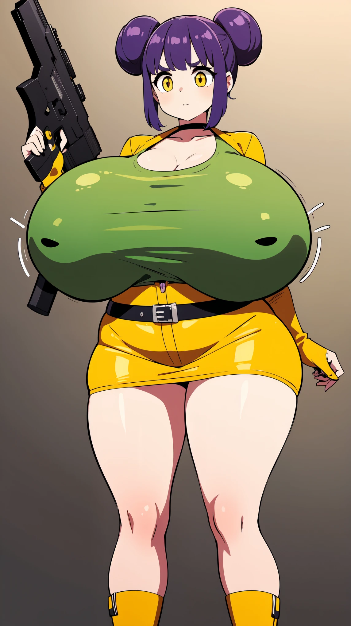 Slime girl, (slime), Slime hair Double buns hair style, Pumpkin Orange, weapon belt, Masterpiece, Best Quality, gigantic breasts, slime girl, slime girl, purple hair, lavender hair, yellow clothes, weapon belt around waistline, wearing yellow clothing, pistol, tactical, desert eagle pistol, thin eyebrows, yellow eyes